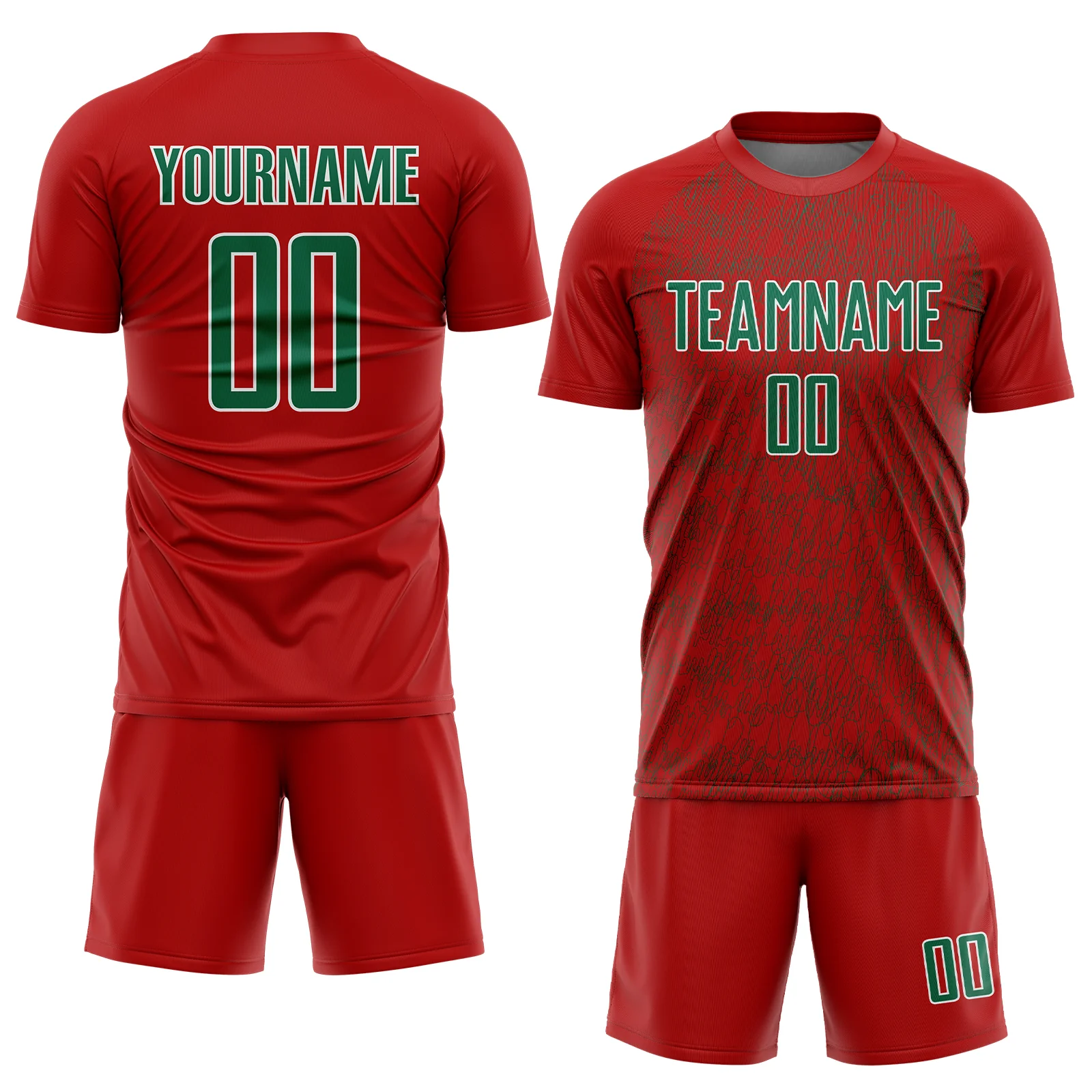 Custom Red Kelly Green-White Abstract Scribble Curve Line Pattern Sports Sublimation Soccer Uniform Jersey - Image 2