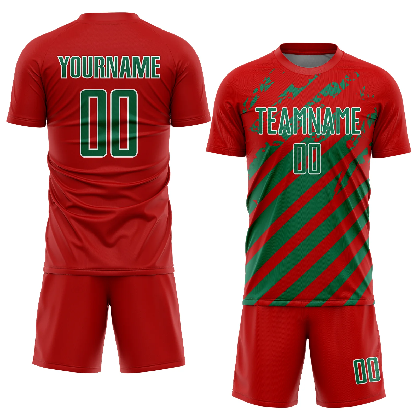 Custom Red Kelly Green-White Distressed Diagonal Stripe Pattern Sports Sublimation Soccer Uniform Jersey - Image 2
