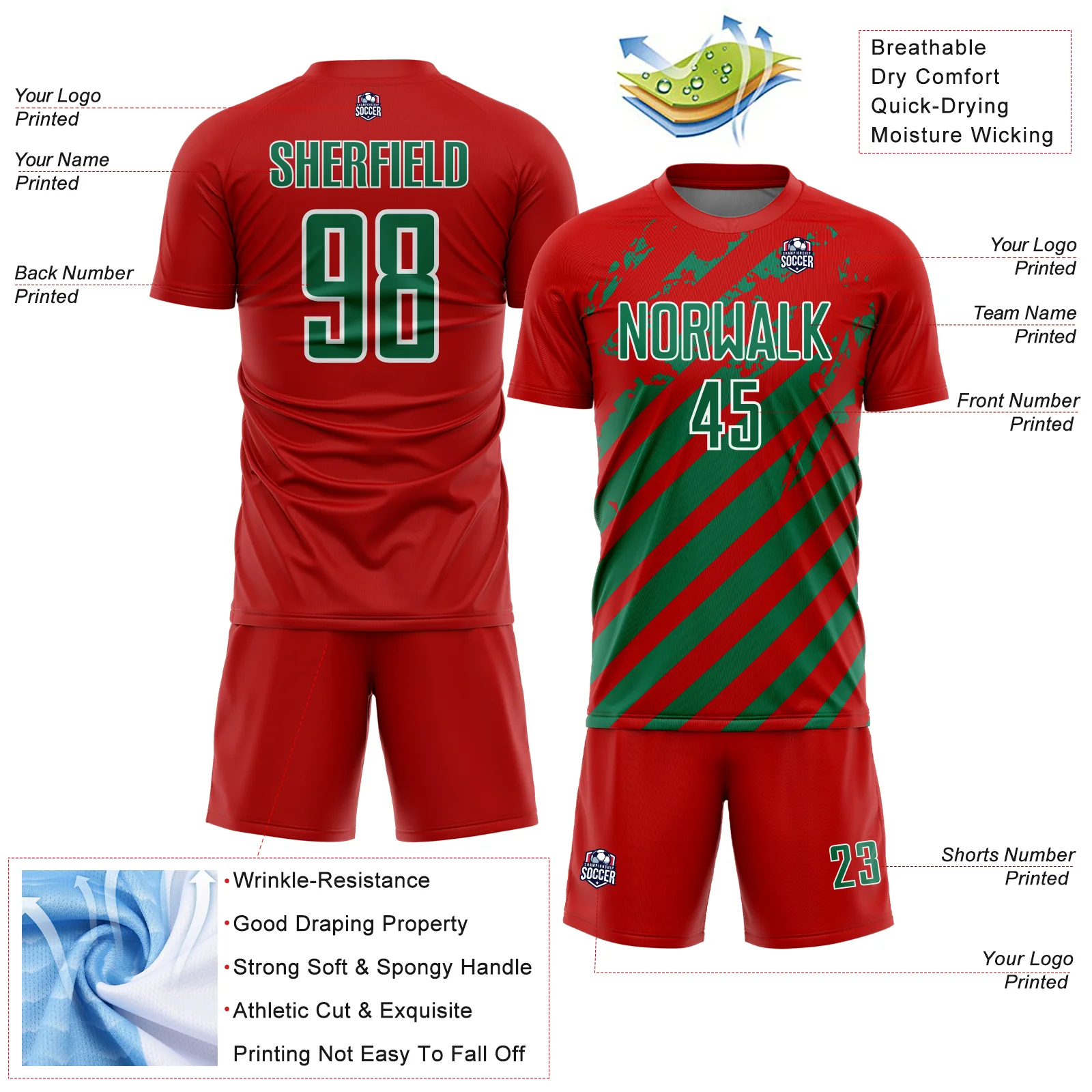 Custom Red Kelly Green-White Distressed Diagonal Stripe Pattern Sports Sublimation Soccer Uniform Jersey - Image 4