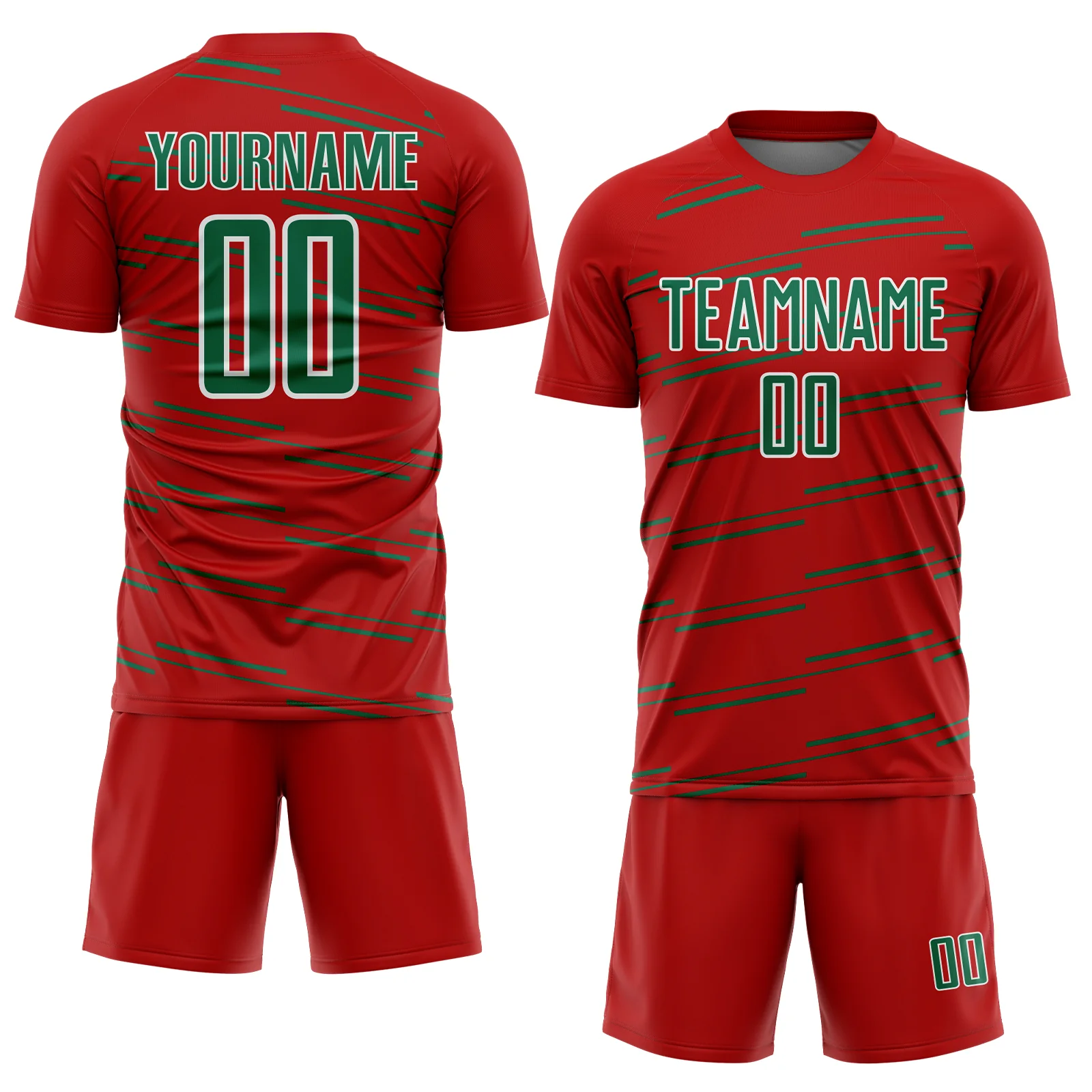Custom Red Kelly Green-White Diagonal Pinstripes Lines Sports Sublimation Soccer Uniform Jersey - Image 2