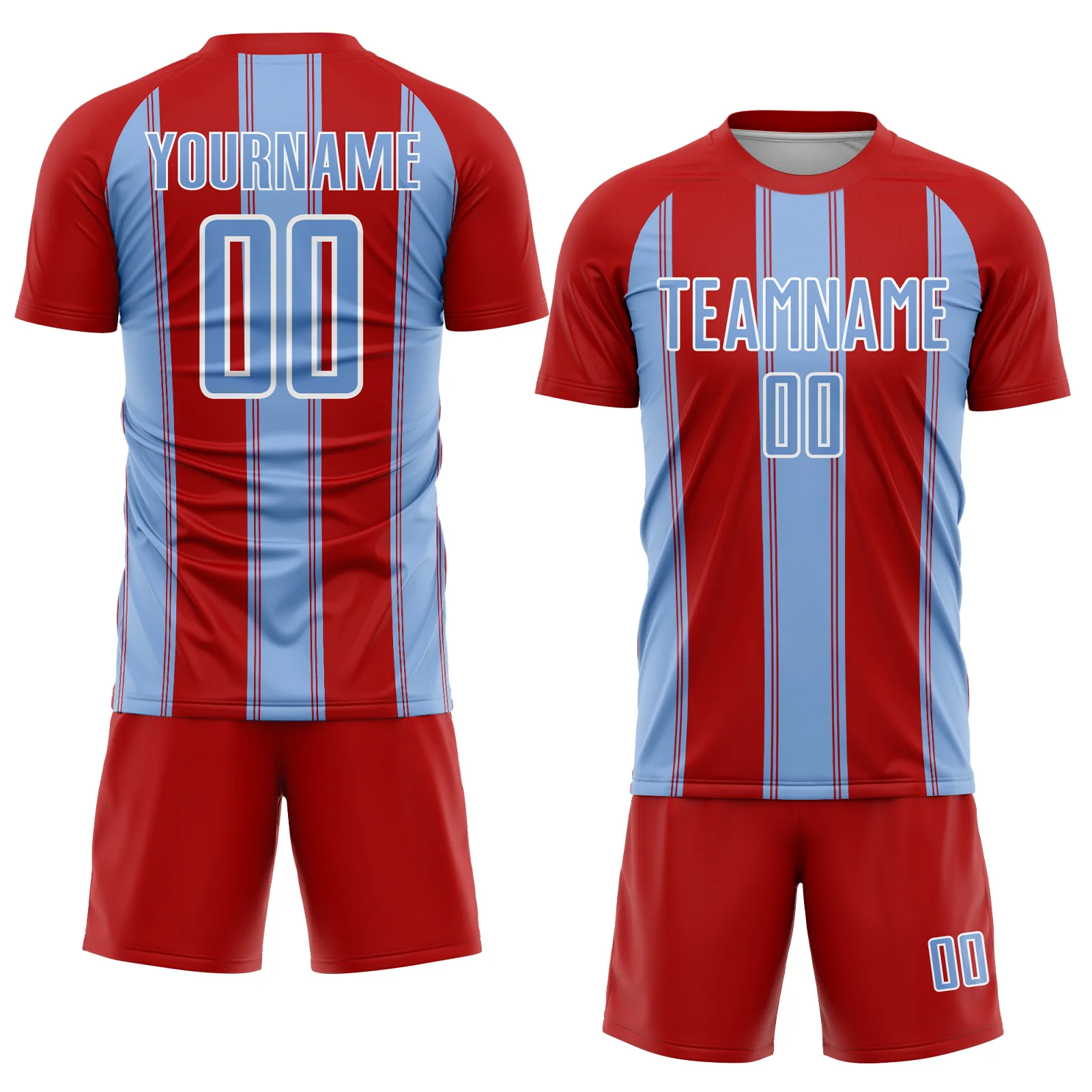 Custom Red Light Blue-White Line Sublimation Soccer Uniform Jersey - Image 2