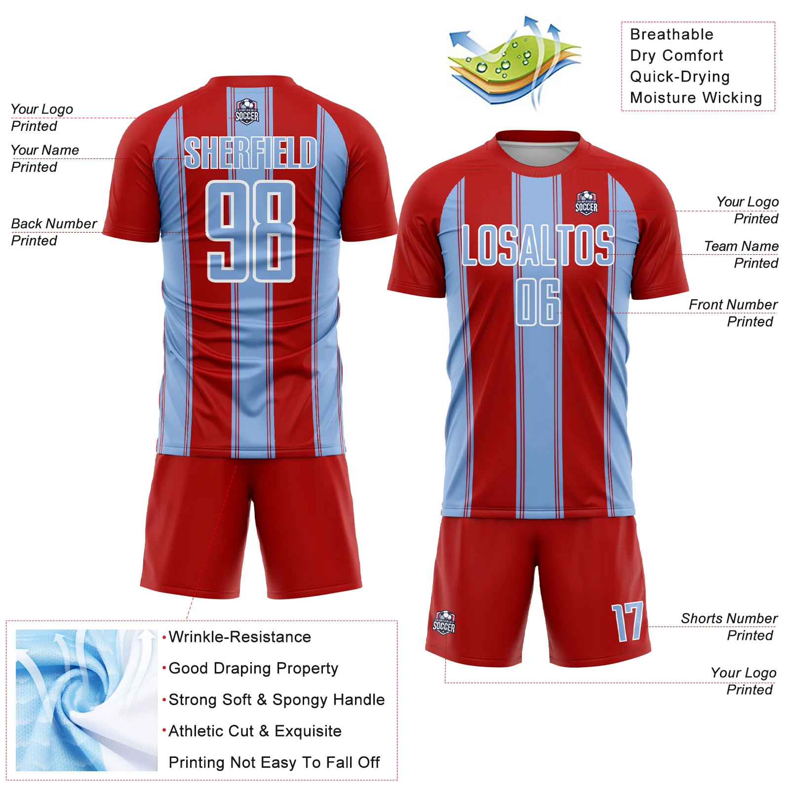Custom Red Light Blue-White Line Sublimation Soccer Uniform Jersey - Image 4