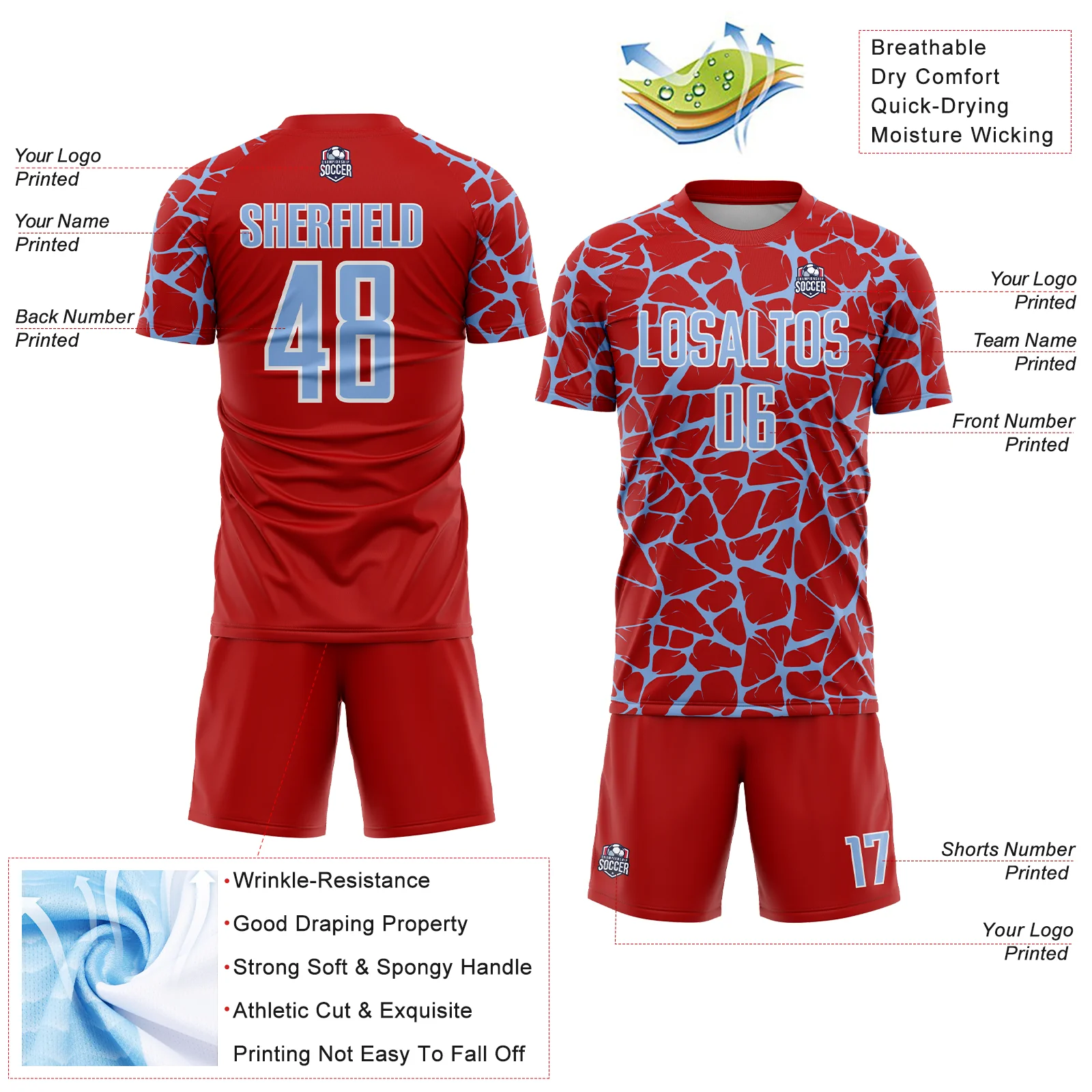 Custom Red Light Blue-White Abstract Network Splash Sublimation Soccer Uniform Jersey - Image 4