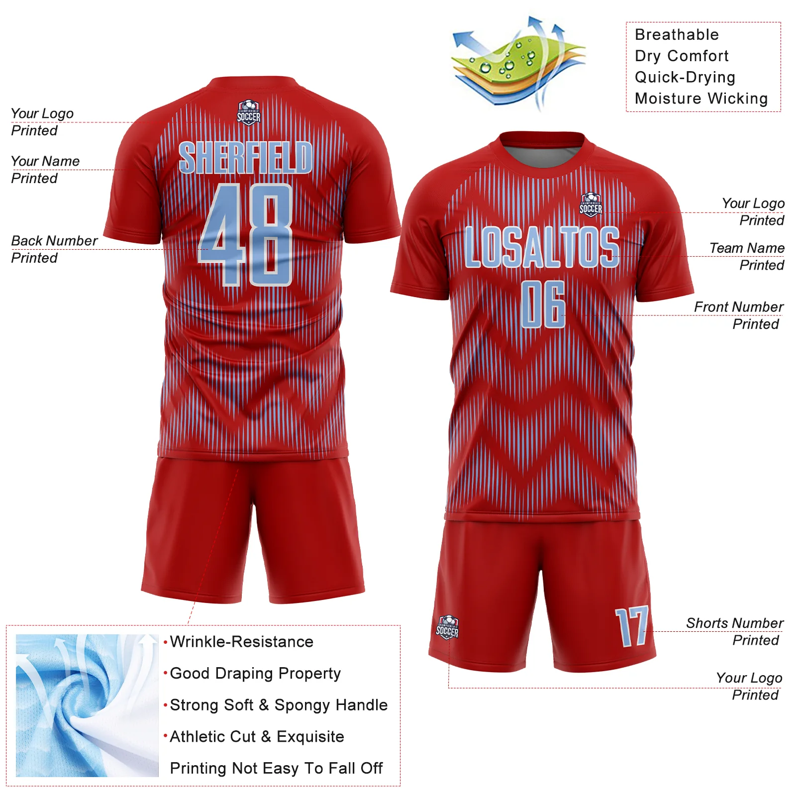 Custom Red Light Blue-White Line Sublimation Soccer Uniform Jersey - Image 4