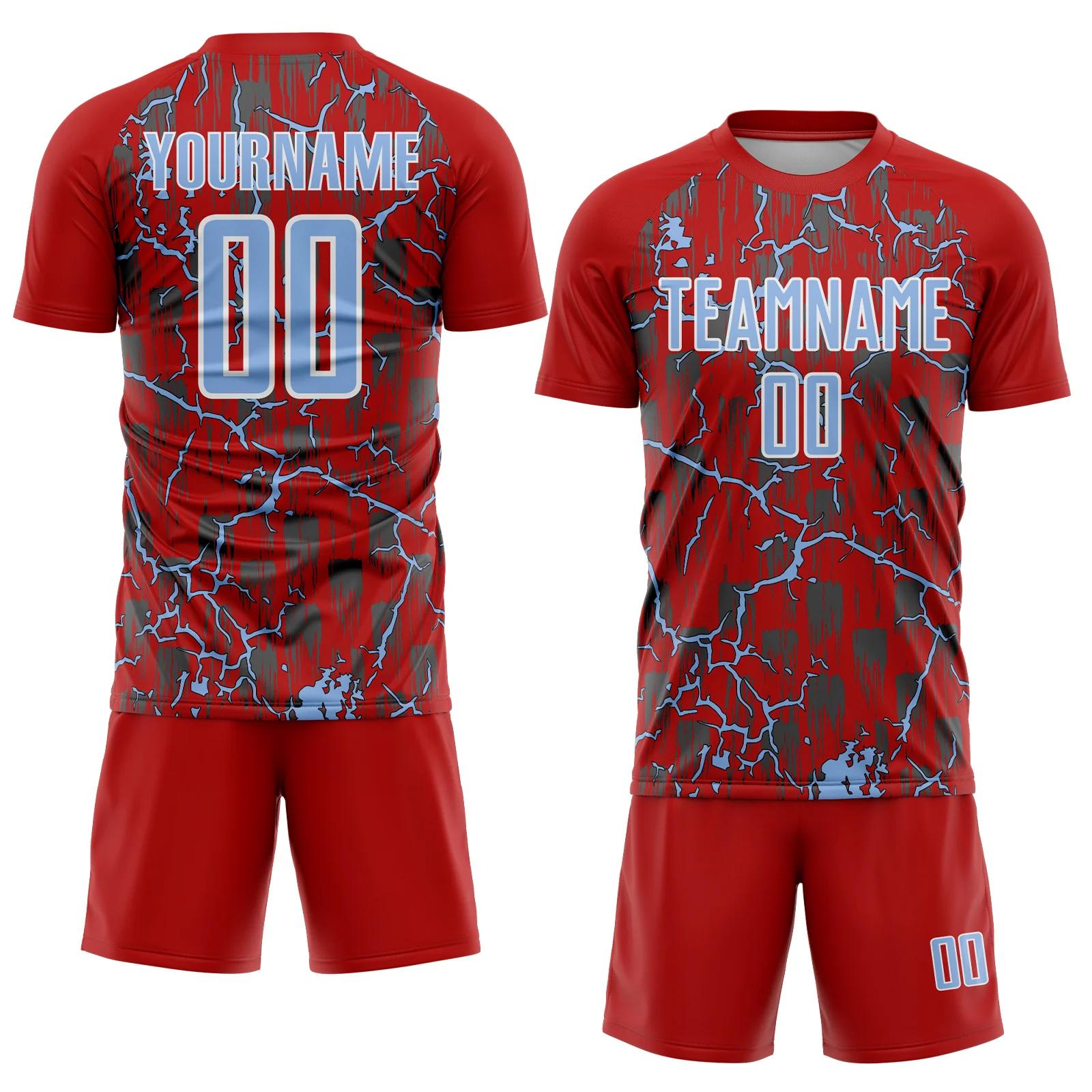 Custom Red Light Blue-White Lightning Sublimation Soccer Uniform Jersey - Image 2