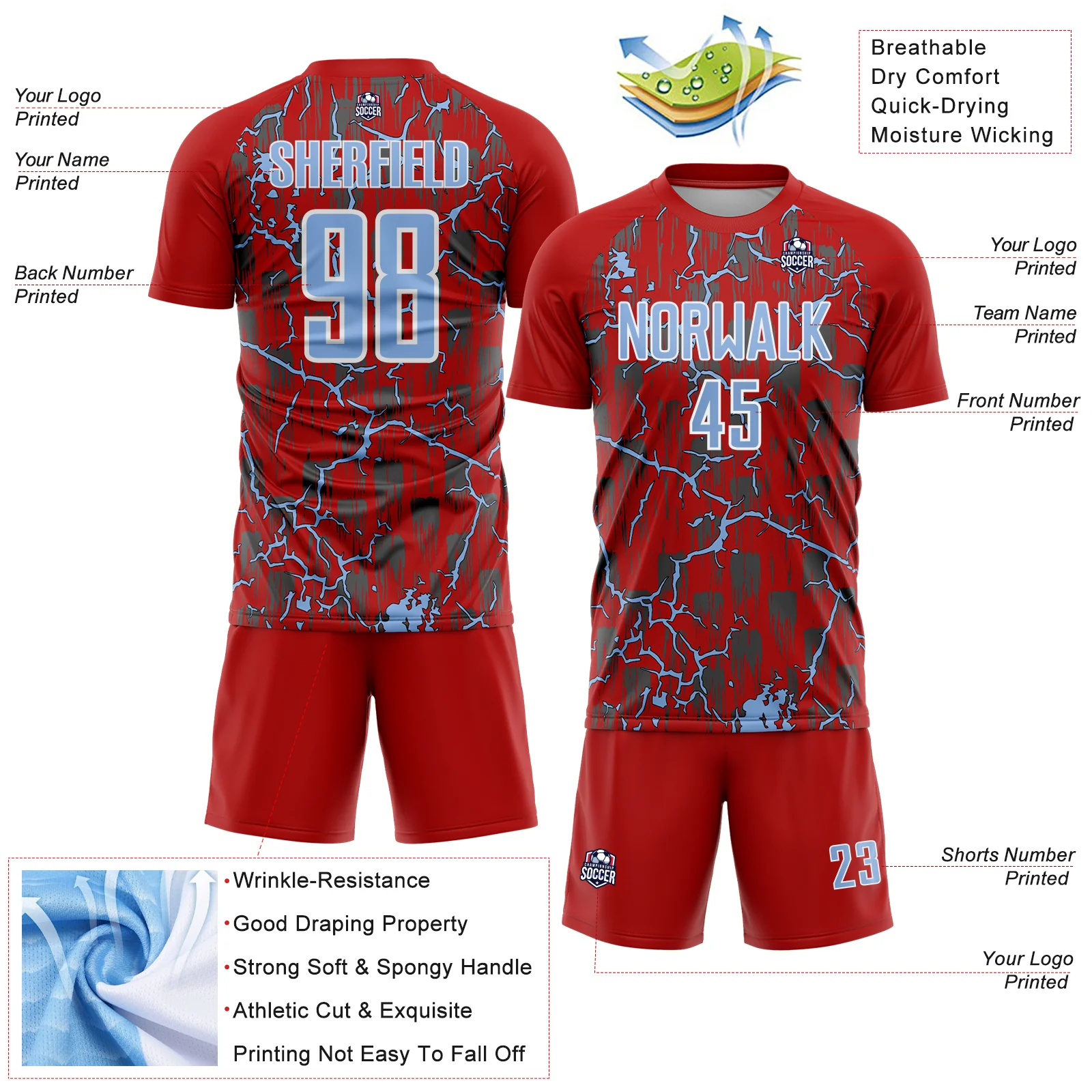Custom Red Light Blue-White Lightning Sublimation Soccer Uniform Jersey - Image 4