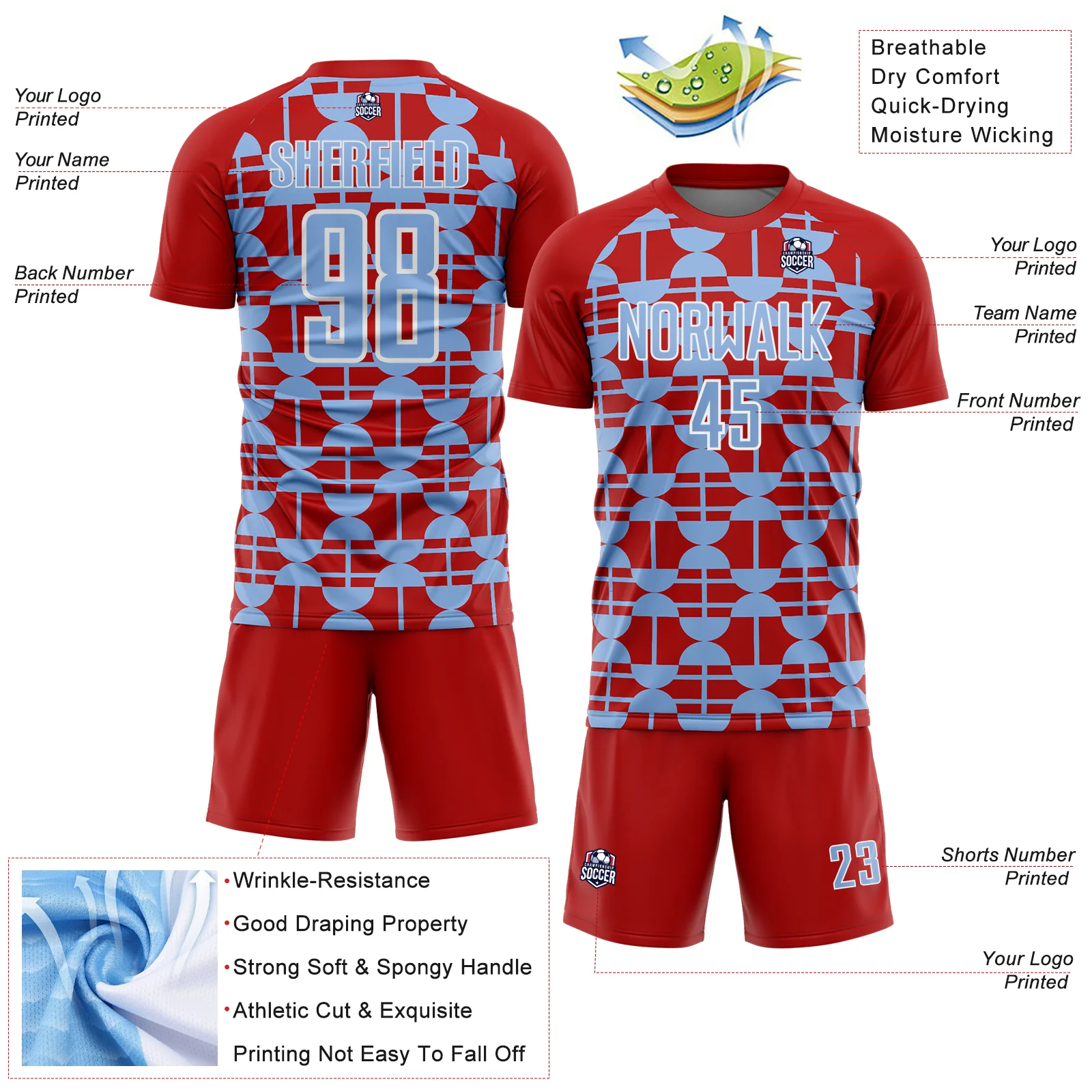 Custom Red Light Blue-White Geometric Shapes Sports Sublimation Soccer Uniform Jersey - Image 4