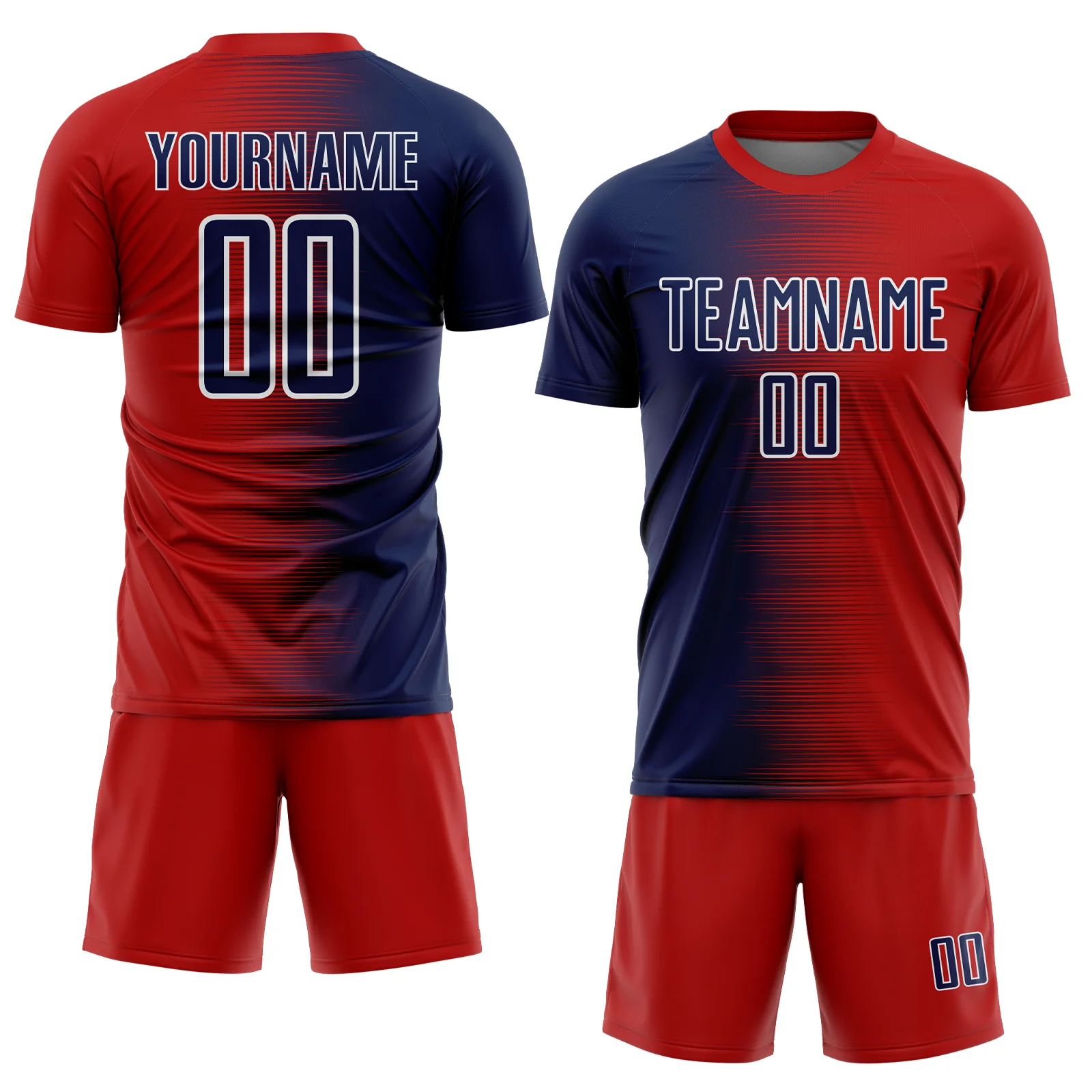 Custom Red Navy-White Gradient Line Sublimation Soccer Uniform Jersey - Image 2