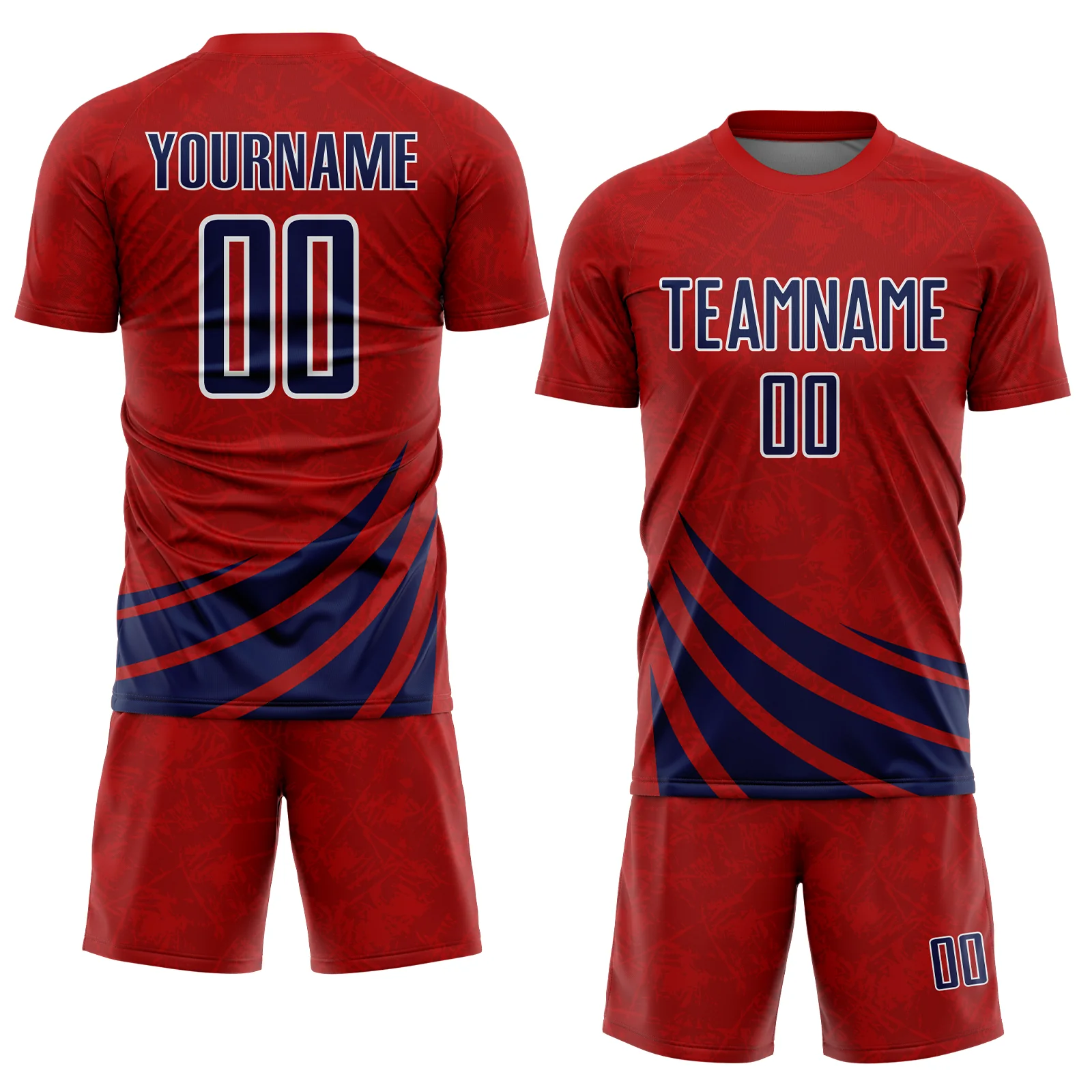 Custom Red Navy-White Distressed Diagonal Stripes Wind Shapes Sports Sublimation Soccer Uniform Jersey - Image 2