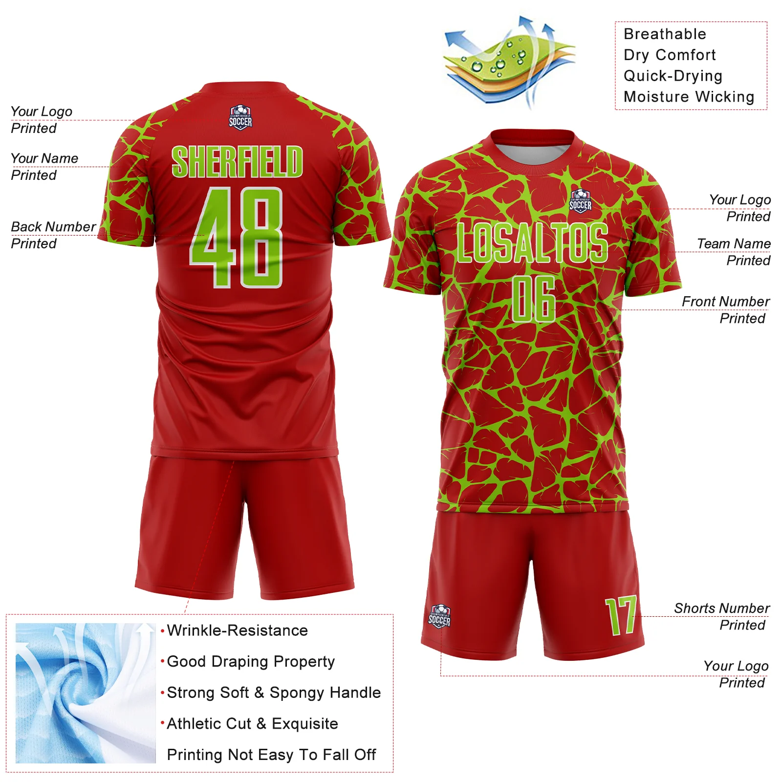 Custom Red Neon Green-White Abstract Network Splash Sublimation Soccer Uniform Jersey - Image 4