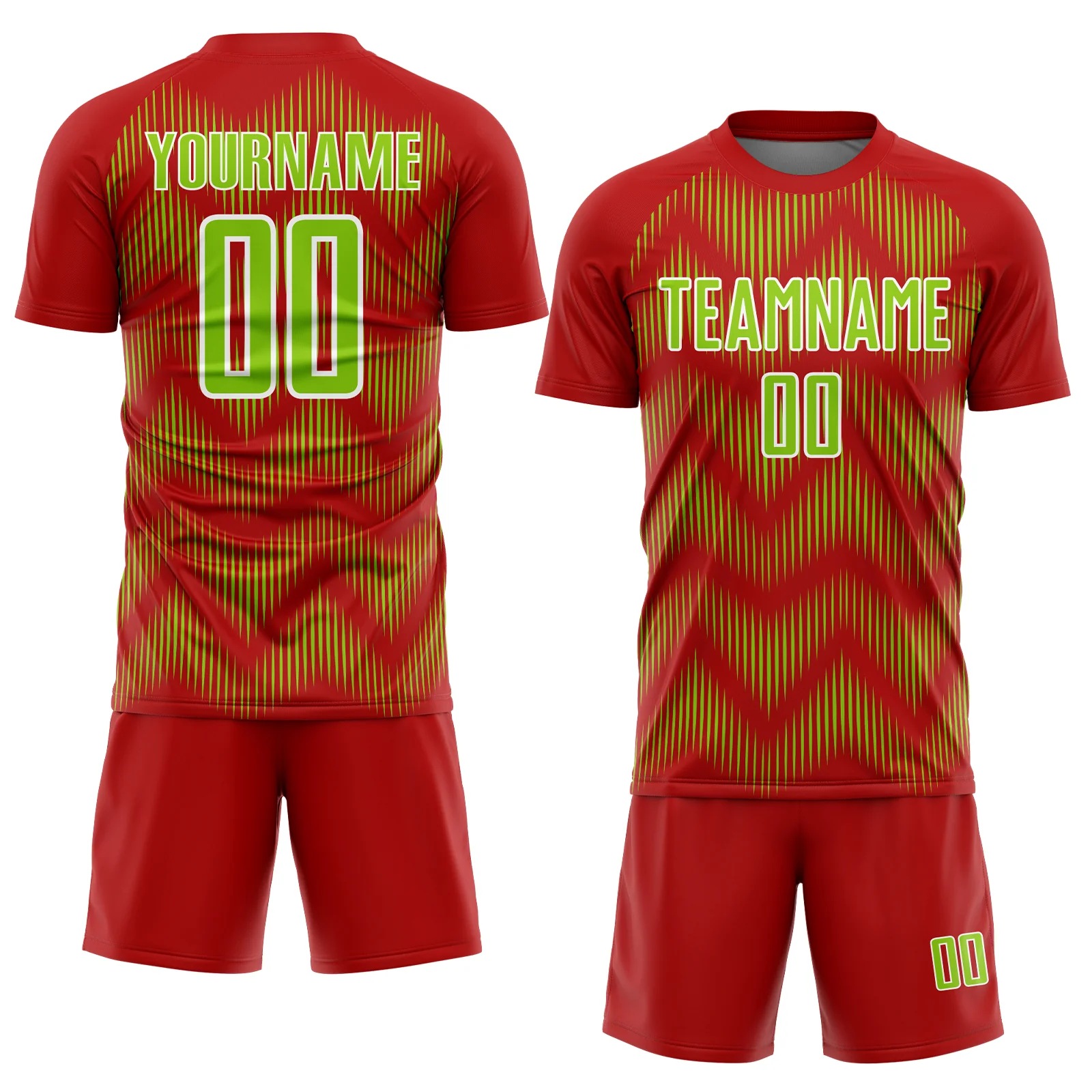 Custom Red Neon Green-White Line Sublimation Soccer Uniform Jersey - Image 2