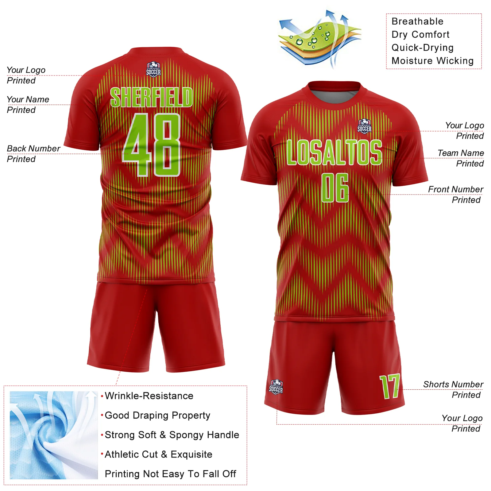 Custom Red Neon Green-White Line Sublimation Soccer Uniform Jersey - Image 4