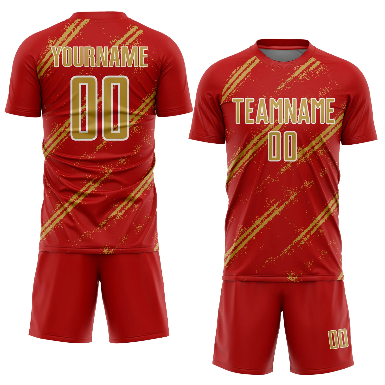 Custom Red Old Gold-White Abstract Fragment Art Splash Sublimation Soccer Uniform Jersey - Image 2
