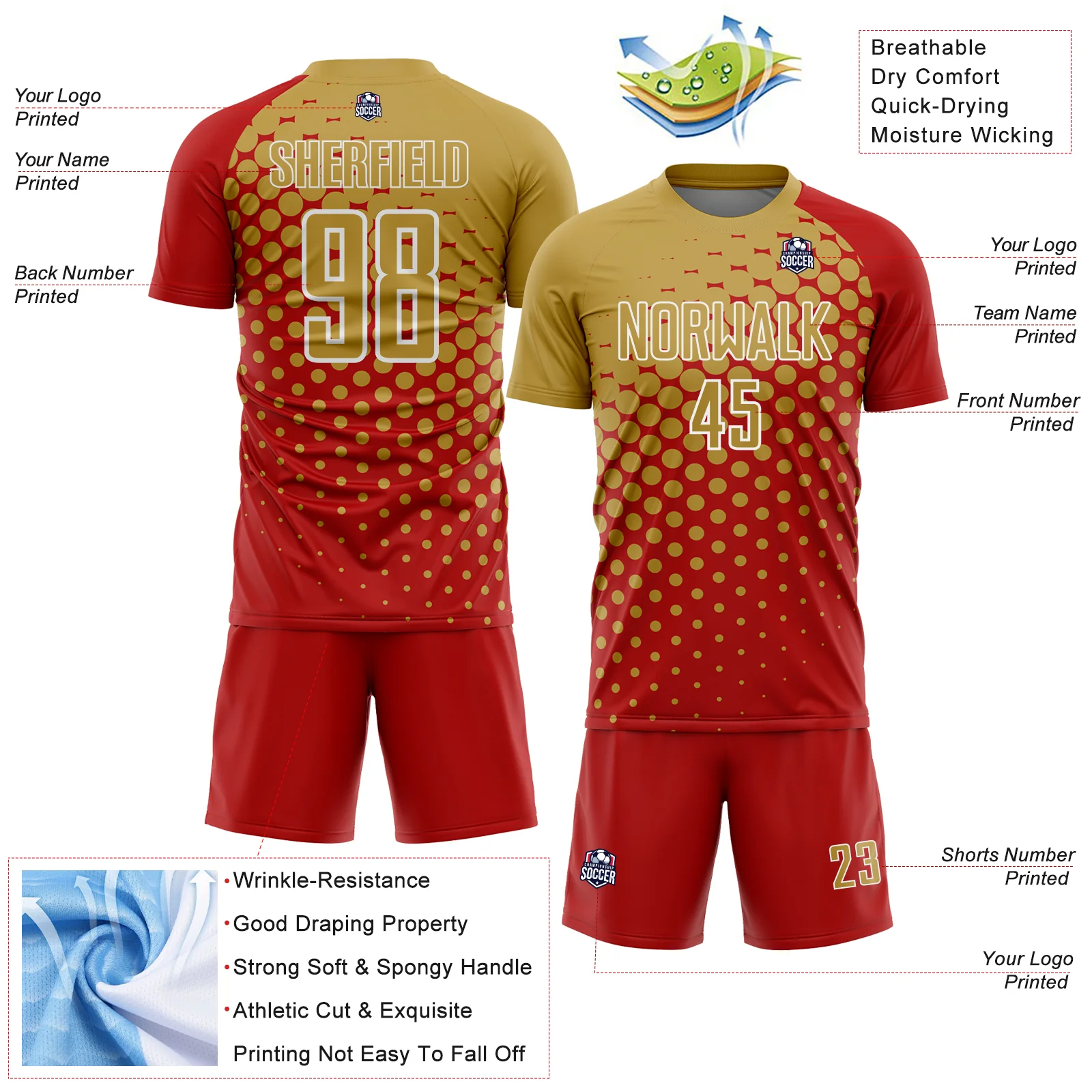 Custom Red Old Gold-White Modern Polka Dot Sublimation Soccer Uniform Jersey - Image 4