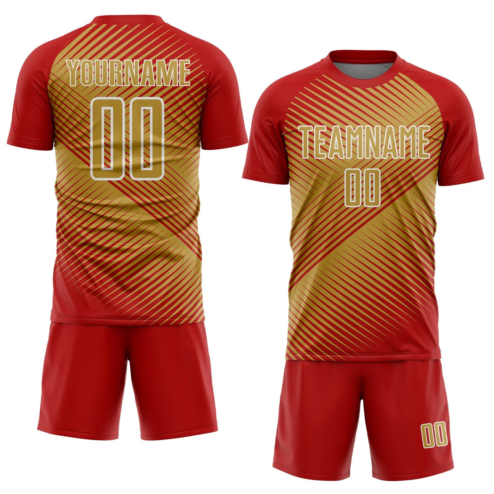 Custom Red Old Gold-White Line Sublimation Soccer Uniform Jersey - Image 2