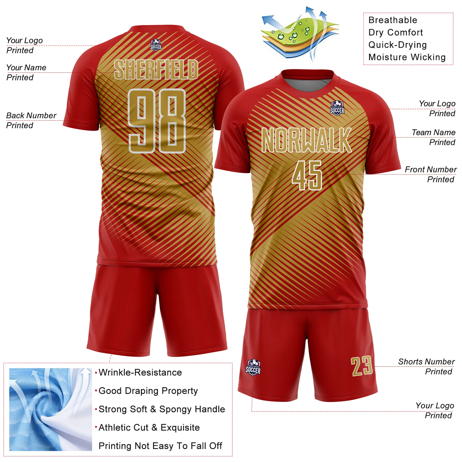 Custom Red Old Gold-White Line Sublimation Soccer Uniform Jersey - Image 4