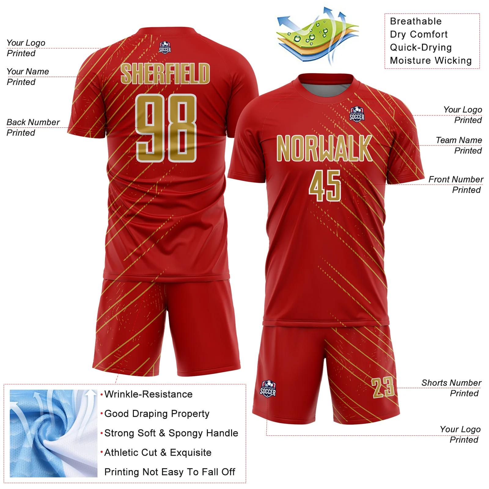 Custom Red Old Gold-White Lines Sports Sublimation Soccer Uniform Jersey - Image 4