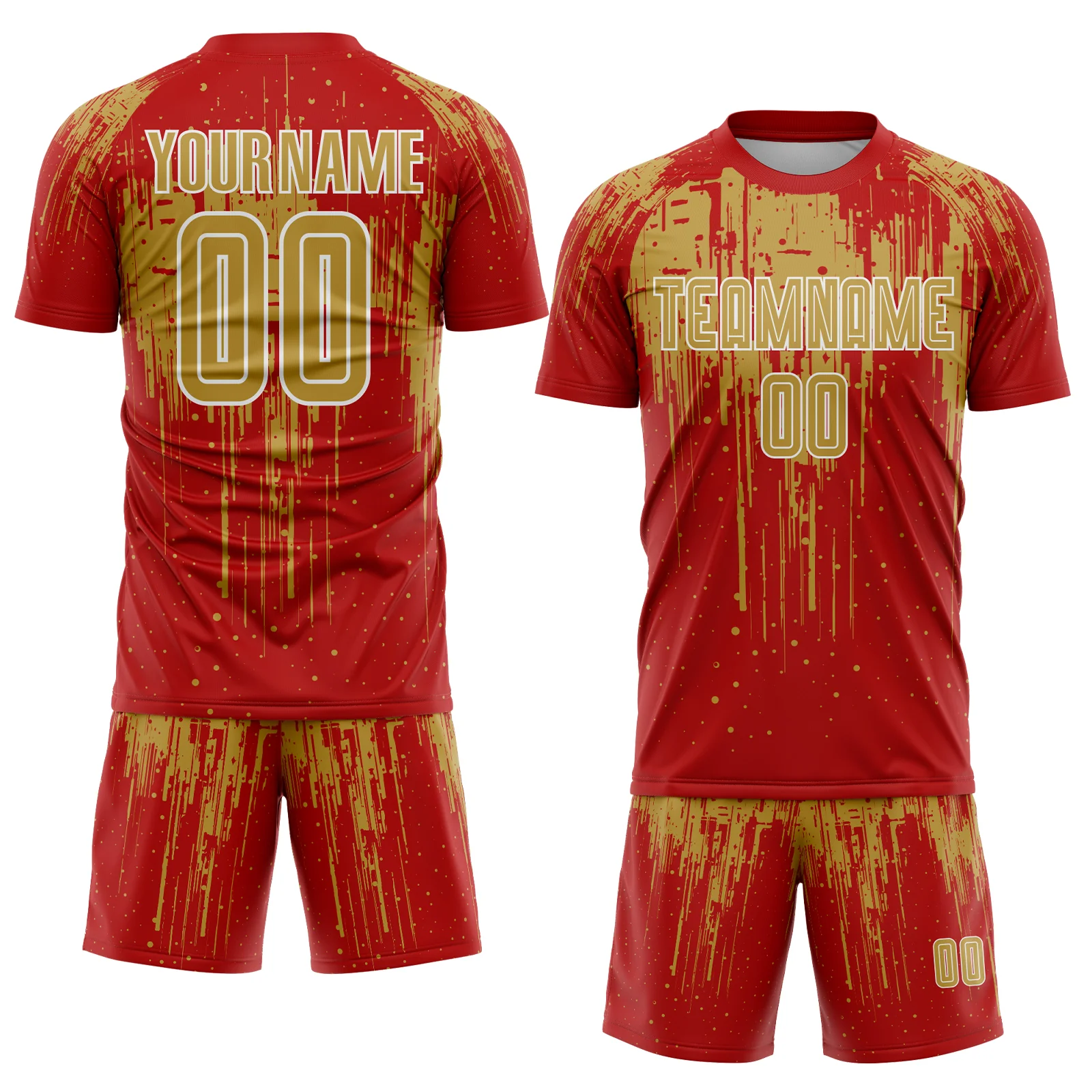 Custom Red Old Gold-White Dripping Splatte Pattern Sports Sublimation Soccer Uniform Jersey - Image 2