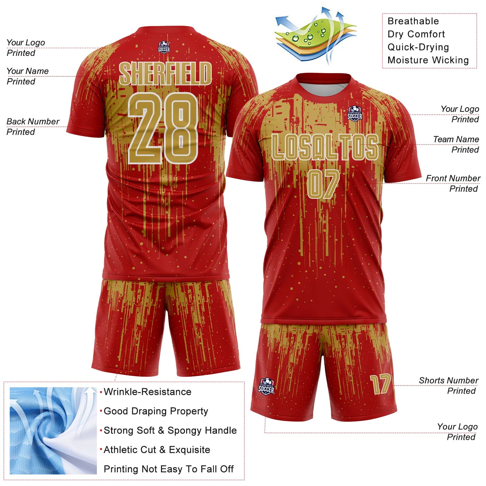 Custom Red Old Gold-White Dripping Splatte Pattern Sports Sublimation Soccer Uniform Jersey - Image 4