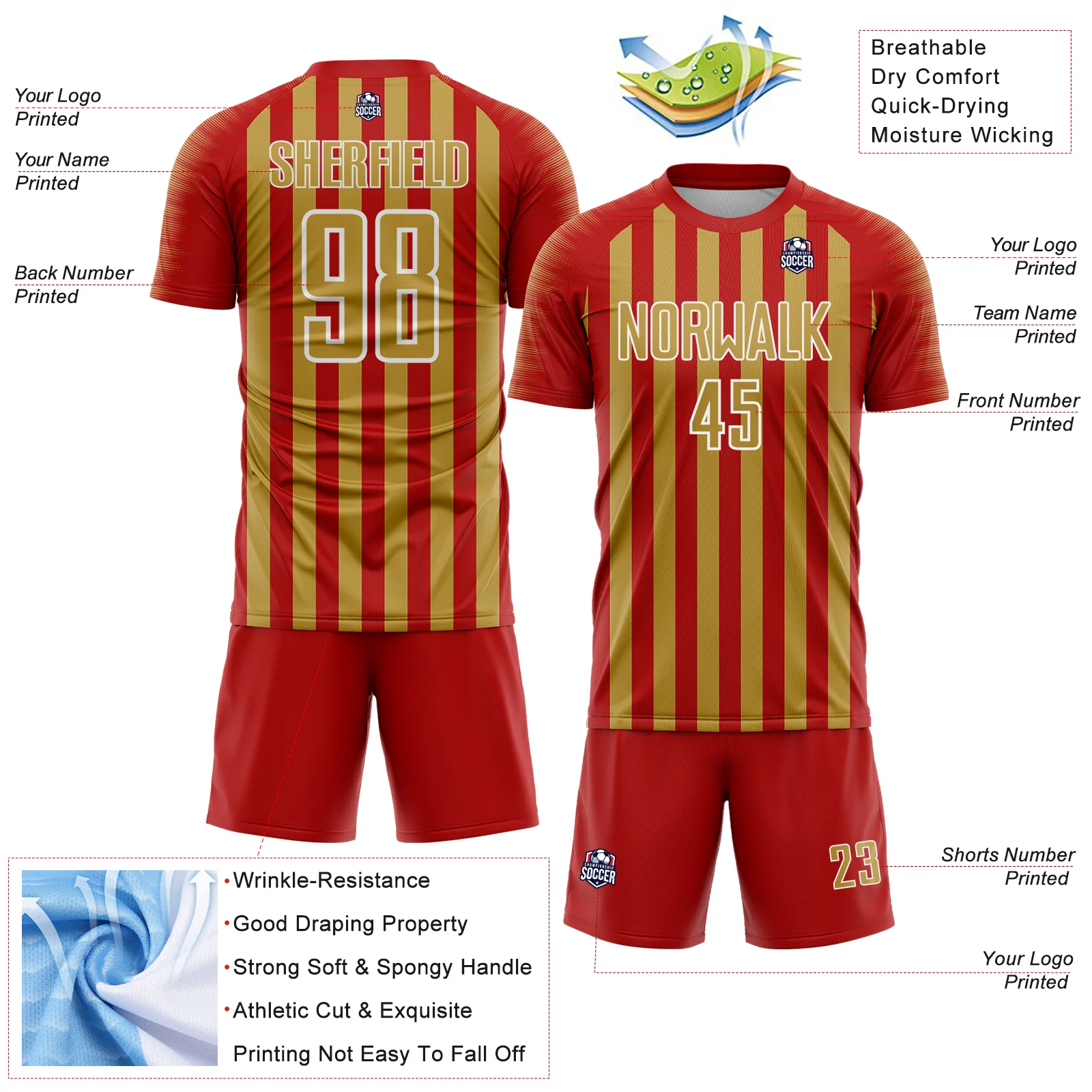 Custom Red Old Gold-White Stripe Sports Sublimation Soccer Uniform Jersey - Image 4