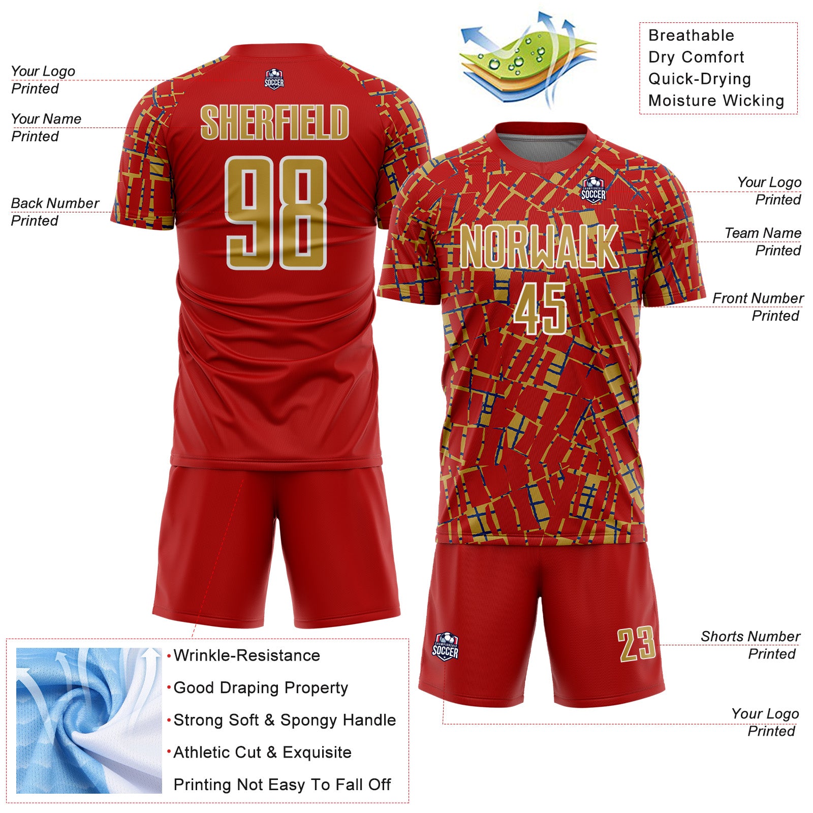 Custom Red Old Gold White-Blue Abstract Line Sports Sublimation Soccer Uniform Jersey - Image 4