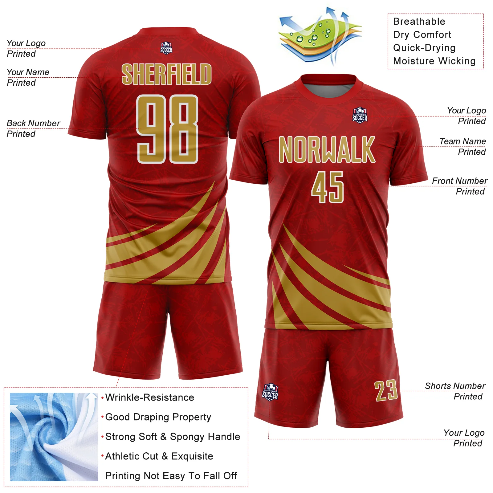 Custom Red Old Gold-White Distressed Diagonal Stripes Wind Shapes Sports Sublimation Soccer Uniform Jersey - Image 4