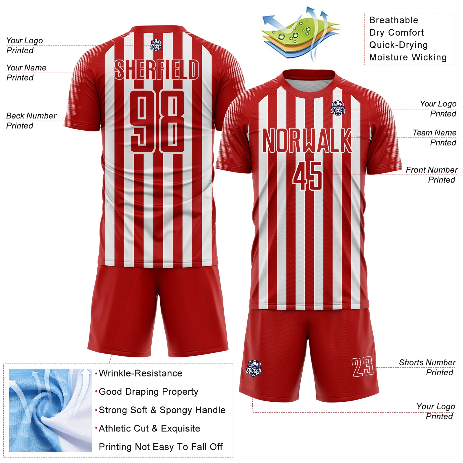 Custom Red White Stripe Sports Sublimation Soccer Uniform Jersey - Image 4