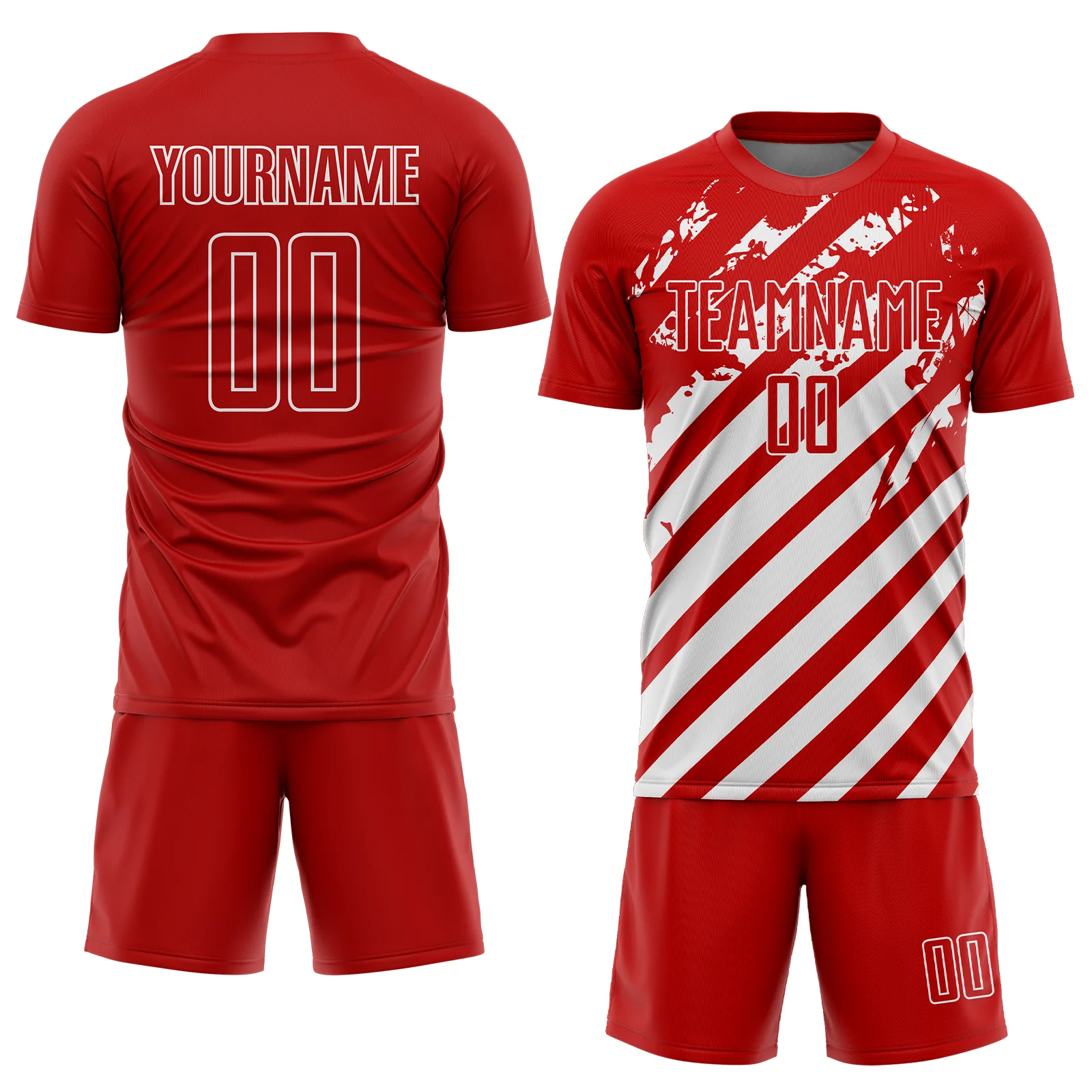 Custom Red White Distressed Diagonal Stripe Pattern Sports Sublimation Soccer Uniform Jersey - Image 2
