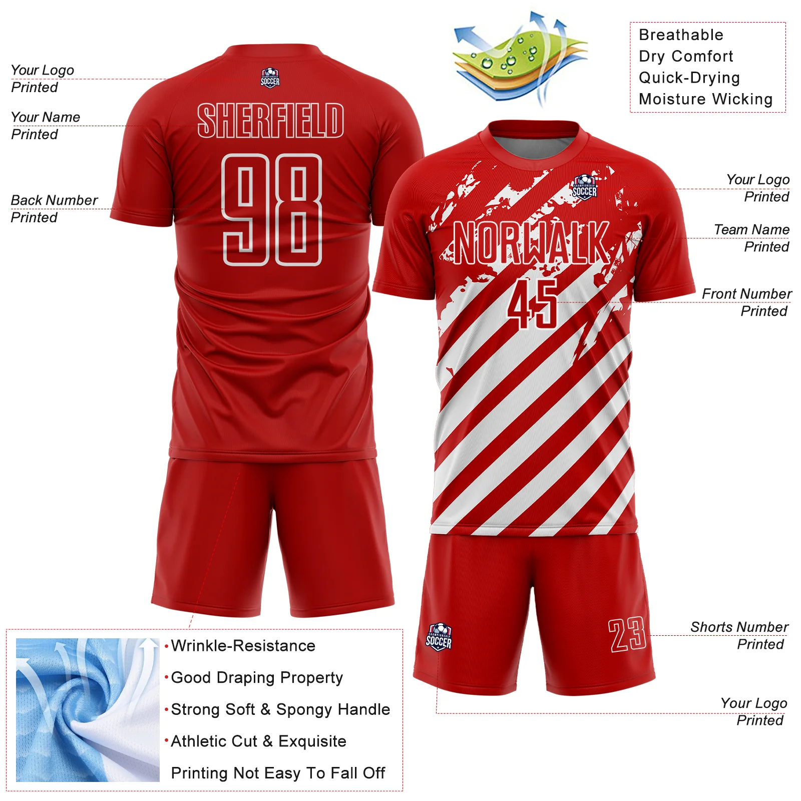 Custom Red White Distressed Diagonal Stripe Pattern Sports Sublimation Soccer Uniform Jersey - Image 4