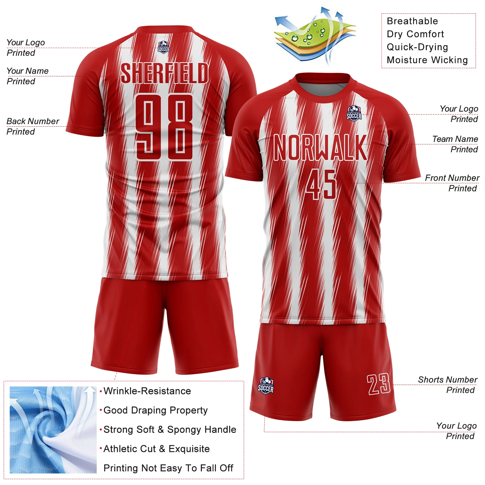 Custom Red White Vertical Brush Stroke Stripes Sublimation Soccer Uniform Jersey - Image 4