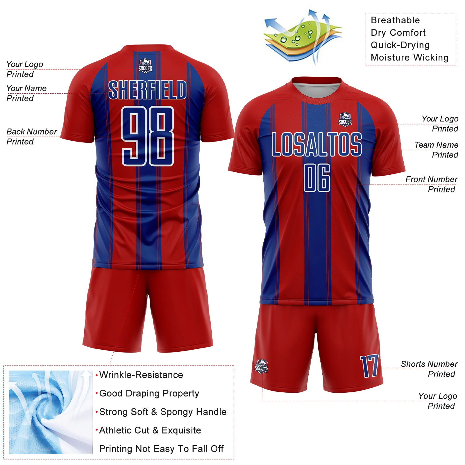Custom Red Royal-White Line Sublimation Soccer Uniform Jersey - Image 4