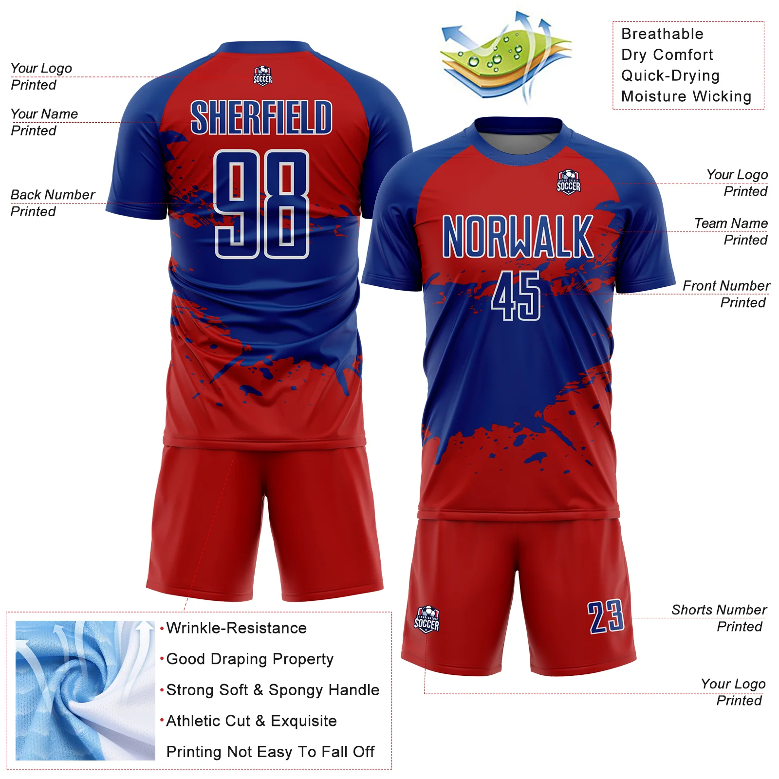 Custom Red Royal-White Splash Sublimation Soccer Uniform Jersey - Image 4