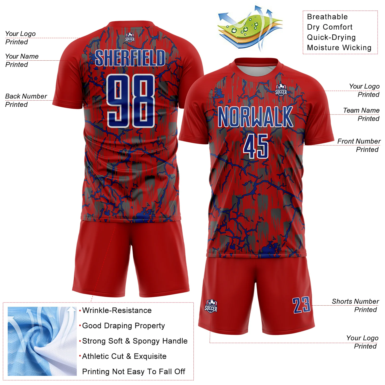 Custom Red Royal-White Lightning Sublimation Soccer Uniform Jersey - Image 4