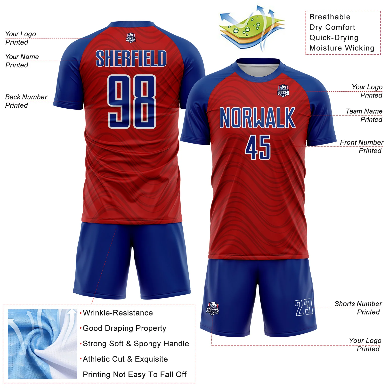 Custom Red Royal-White Wavy Lines Sports Sublimation Soccer Uniform Jersey - Image 4