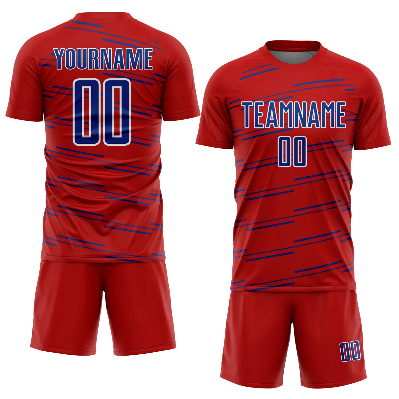 Custom Red Royal-White Diagonal Pinstripes Lines Sports Sublimation Soccer Uniform Jersey - Image 2