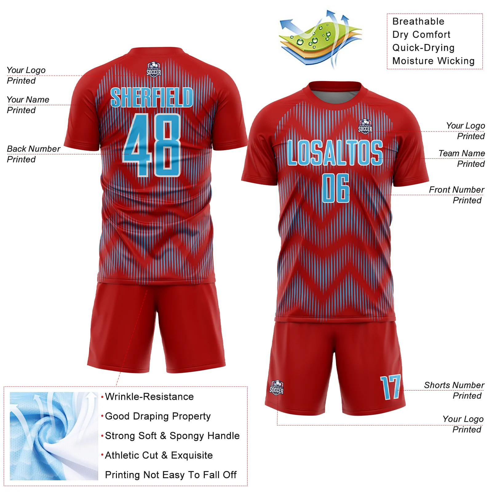 Custom Red Sky Blue-White Line Sublimation Soccer Uniform Jersey - Image 4