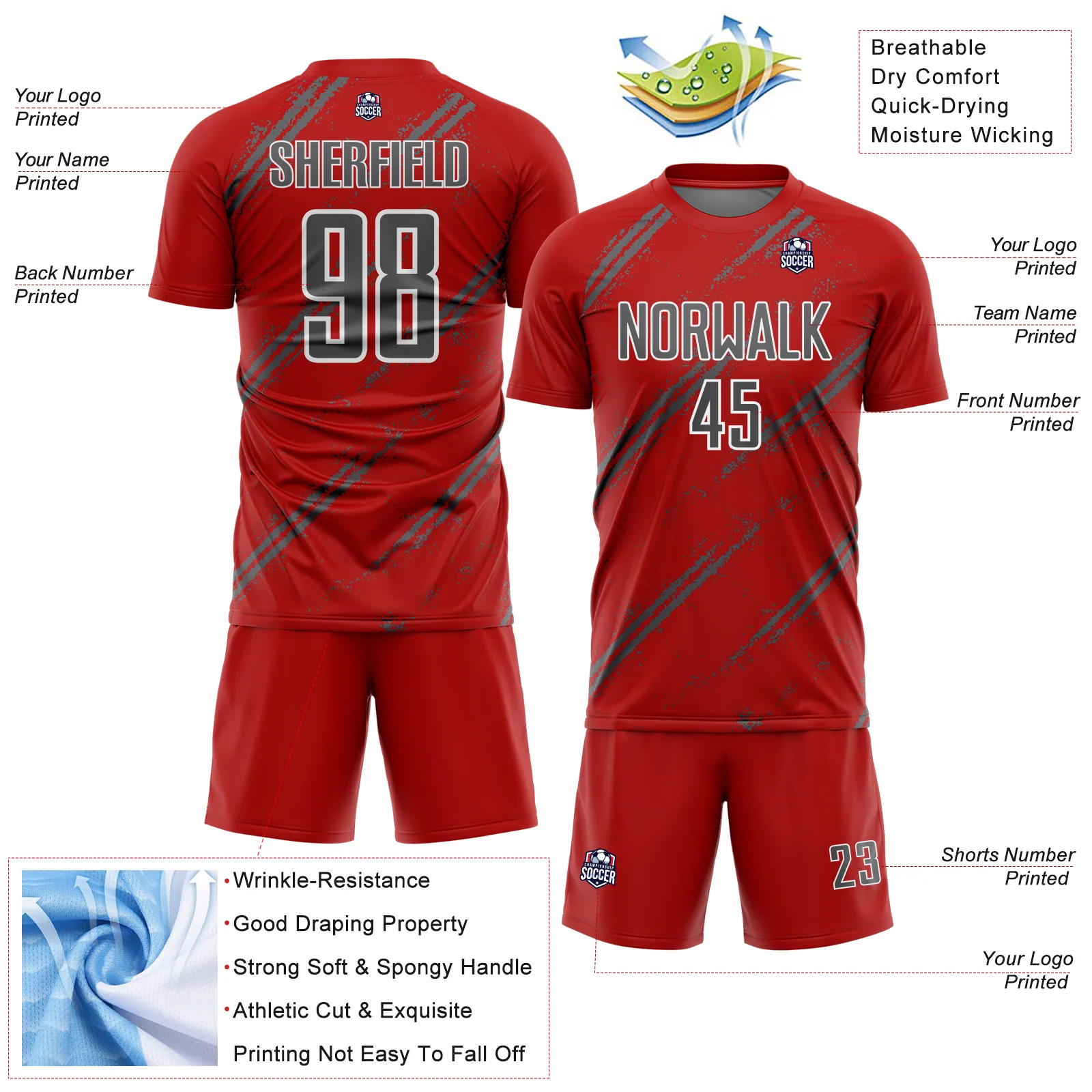 Custom Red Steel Gray-White Abstract Fragment Art Splash Sublimation Soccer Uniform Jersey - Image 4