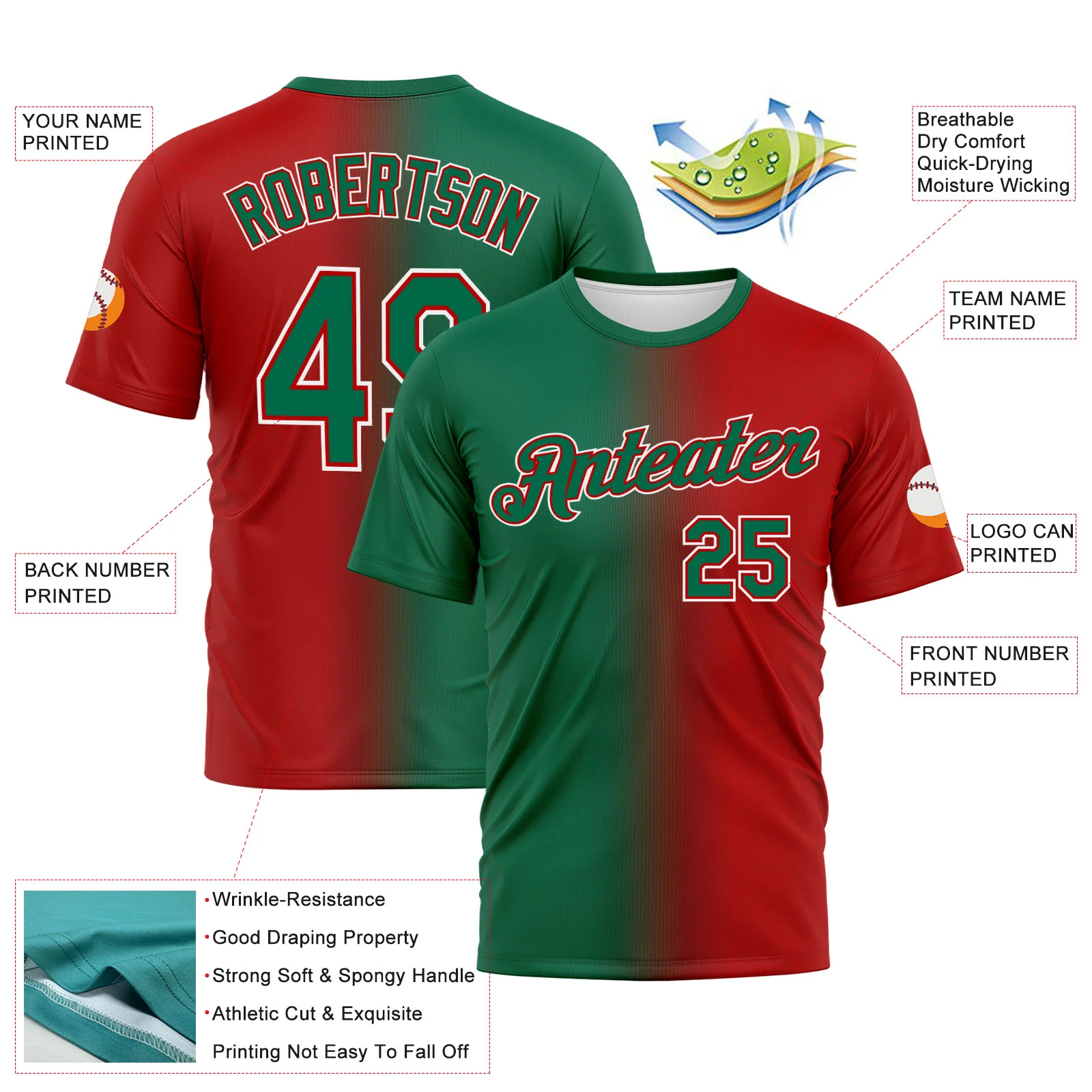 Custom Red Kelly Green-White Gradient Fashion Performance T-Shirt - Image 3