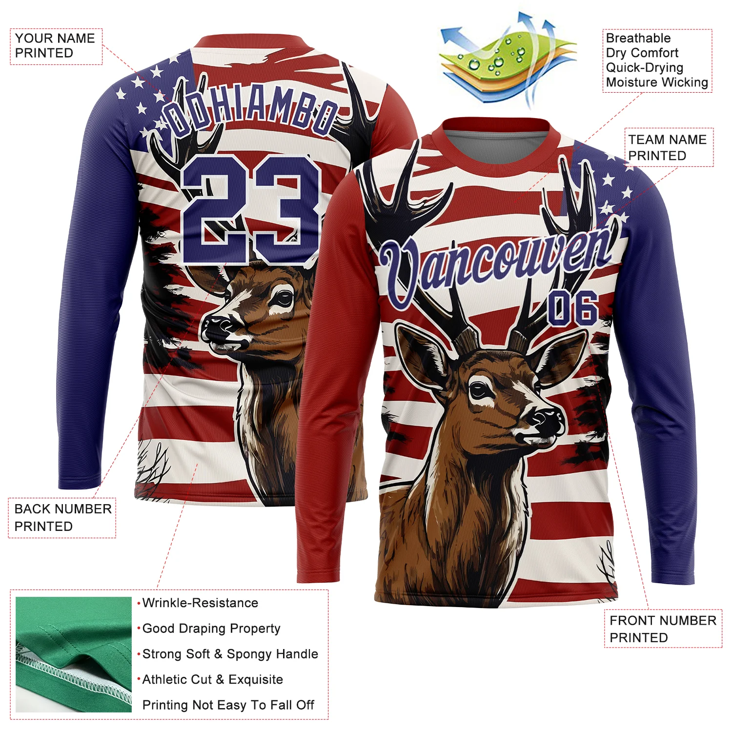 Custom Red Purple-White 3D Animal Deer Hunting American Flag Long Sleeve Performance T-Shirt - Image 2