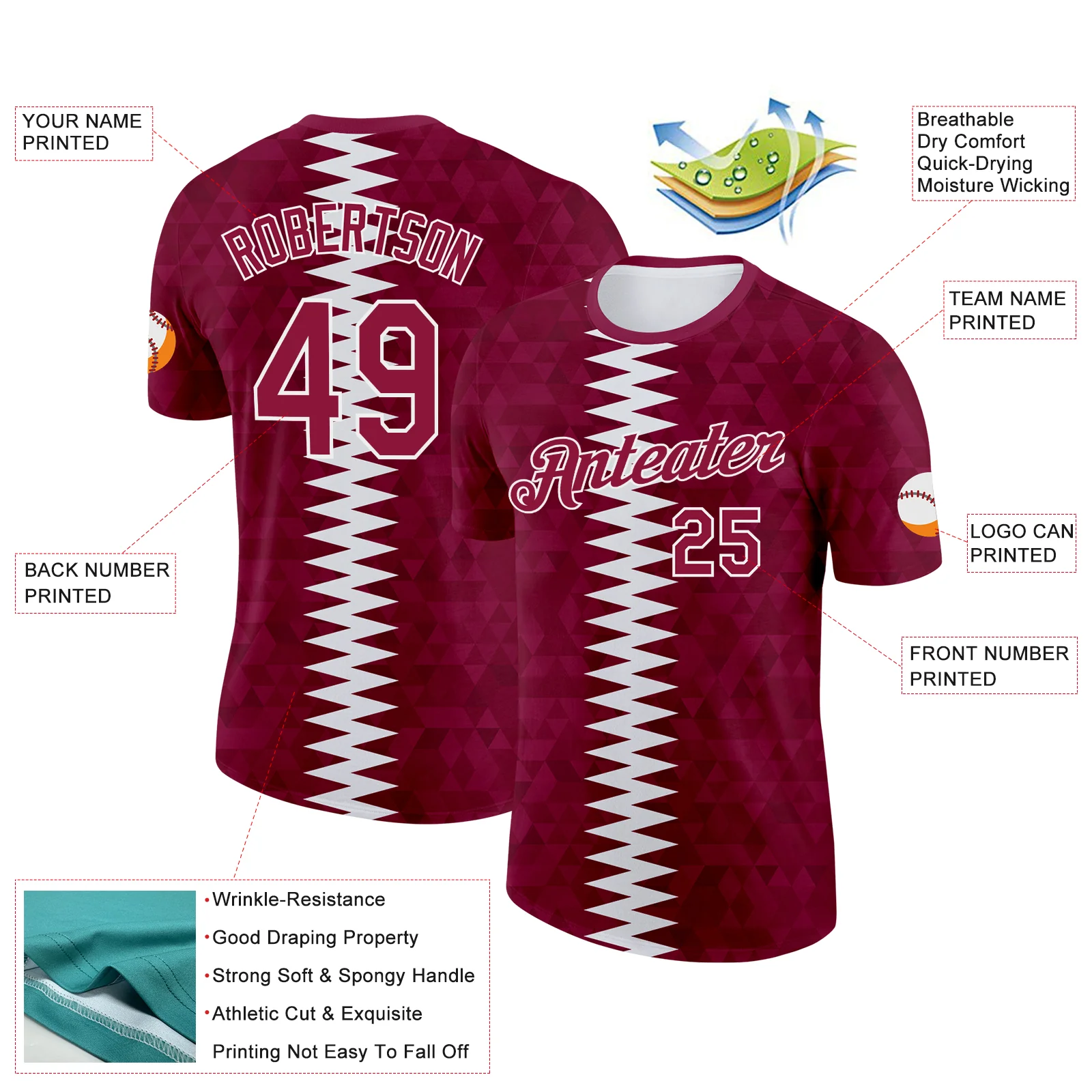 Custom Red White Qatar Geometric Shape Soccer Jersey Performance T-Shirt - Image 2