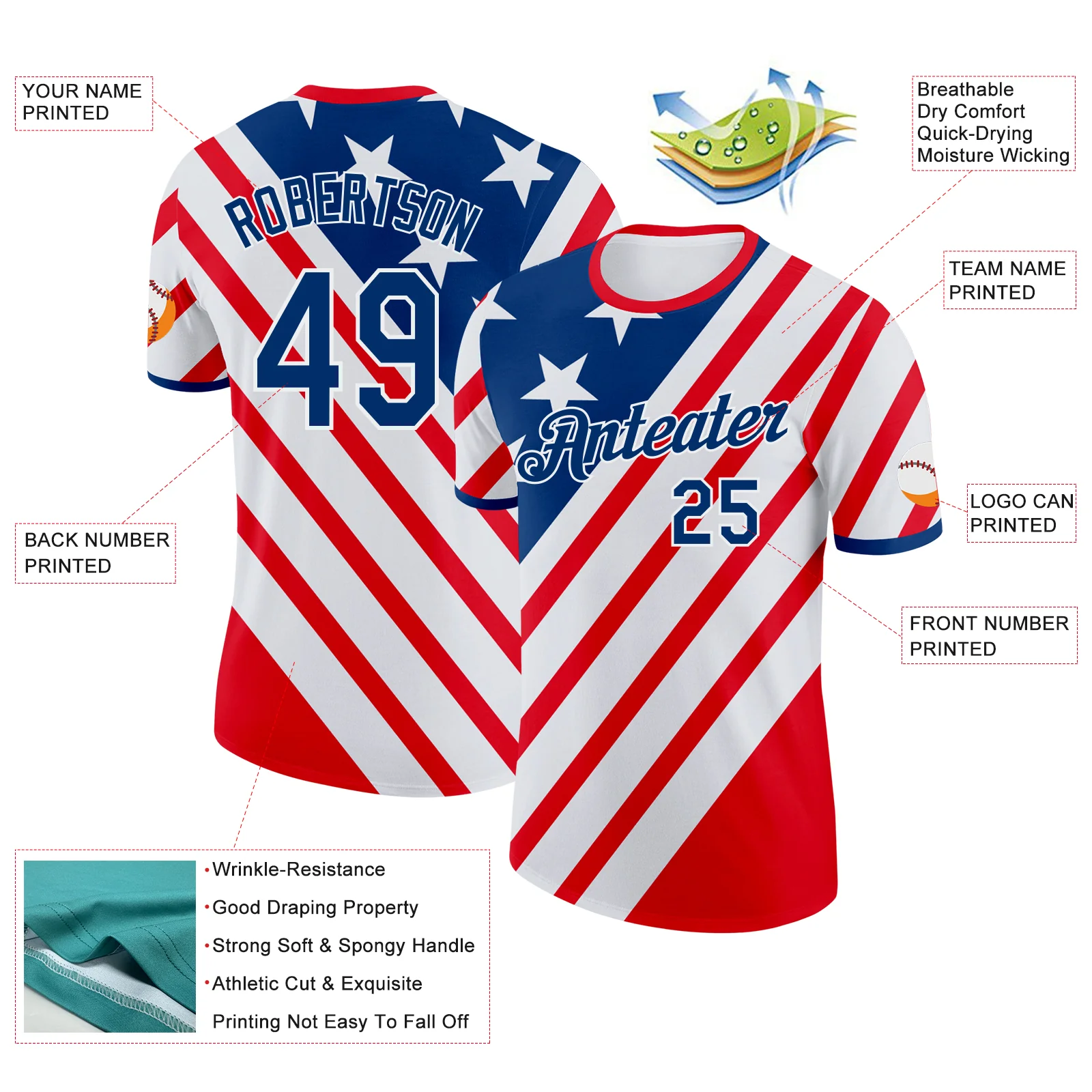 Custom Red US Navy Blue-White American Star Soccer Jersey Performance T-Shirt - Image 2