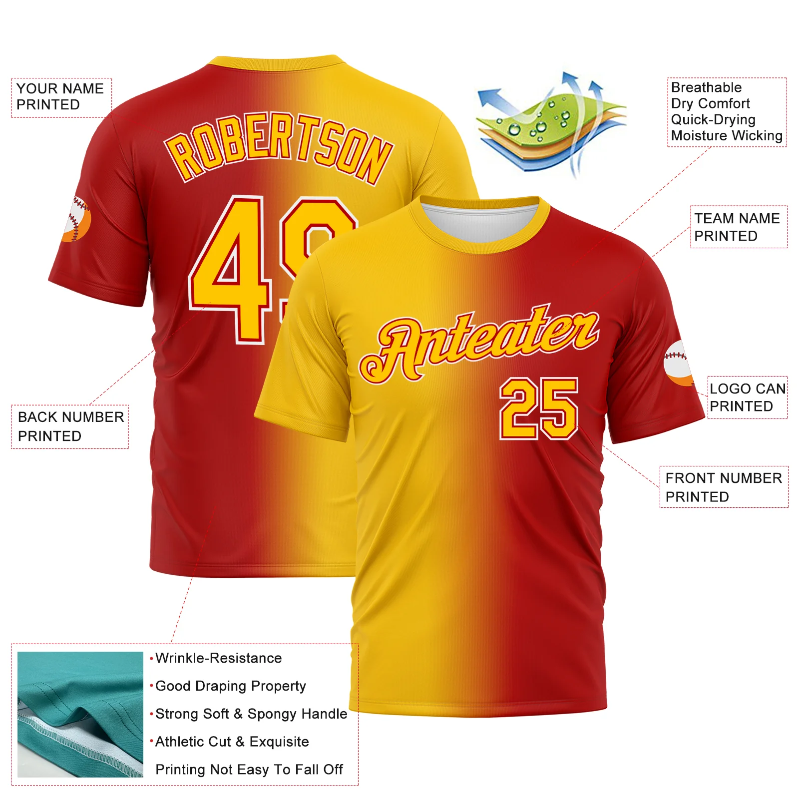 Custom Red Yellow-White Gradient Fashion Performance T-Shirt - Image 3