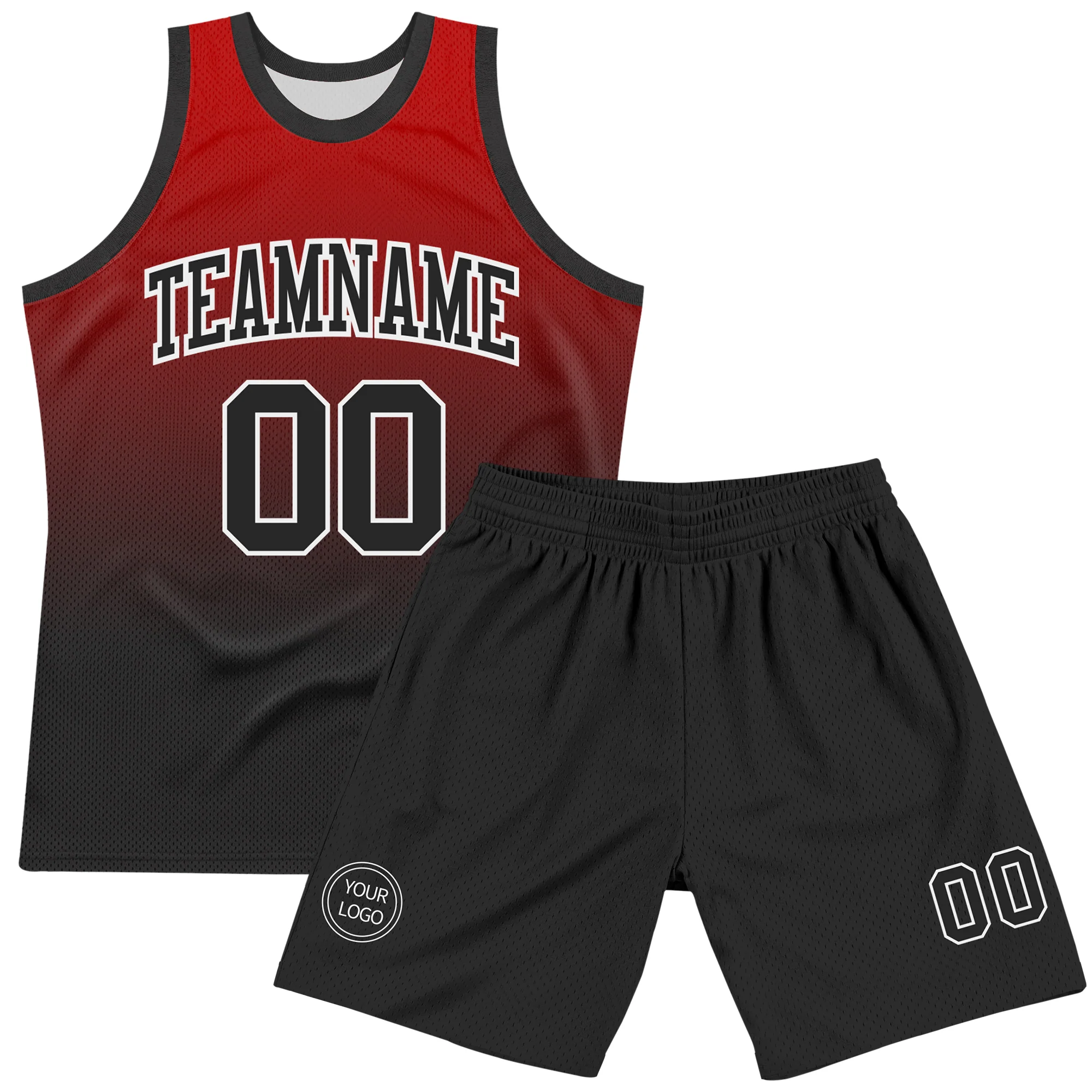 Custom Red Black-White Fade Fashion Round Neck Sublimation Basketball Suit Jersey - Image 2