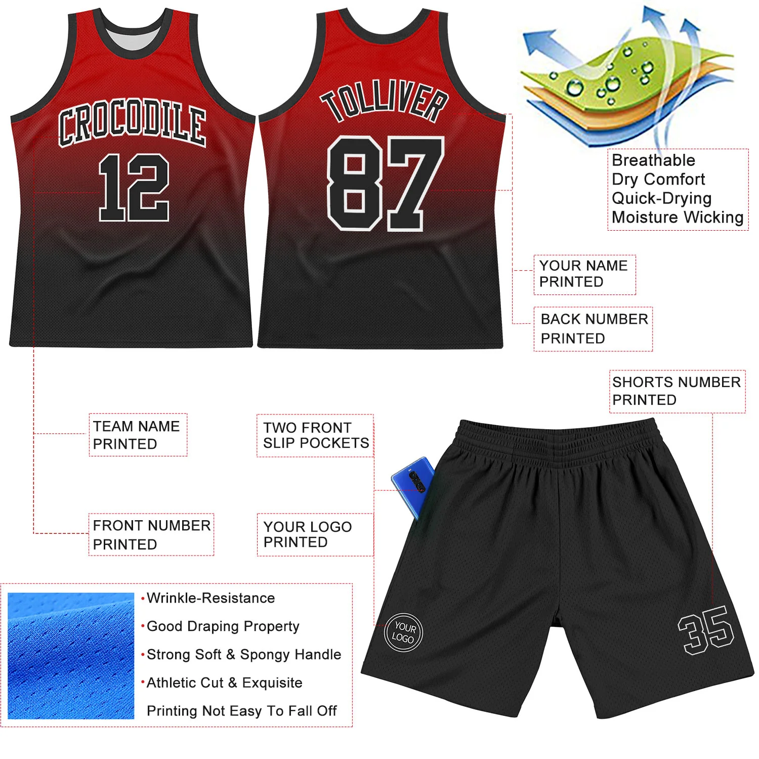 Custom Red Black-White Fade Fashion Round Neck Sublimation Basketball Suit Jersey - Image 3