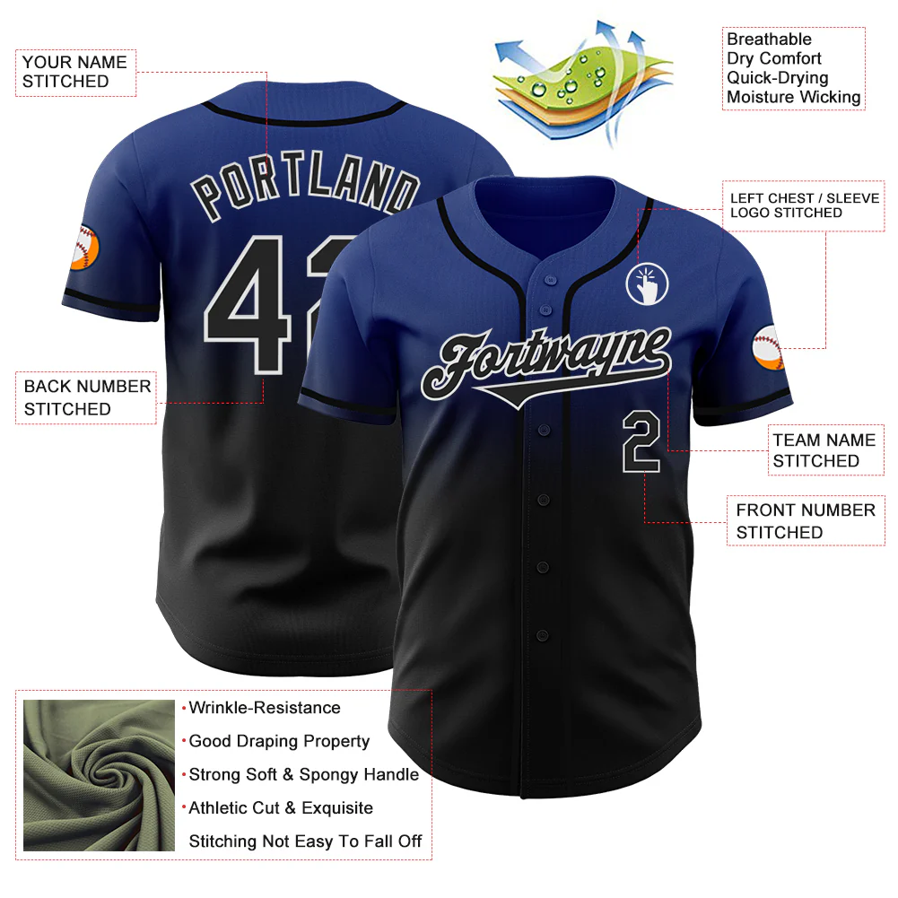 Custom Royal Black-White Authentic Fade Fashion Baseball Jersey - Image 3