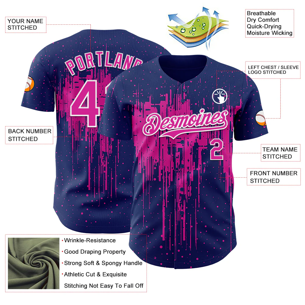 Custom Royal Deep Pink-White Dripping Splatter Paint Authentic Baseball Jersey - Image 3