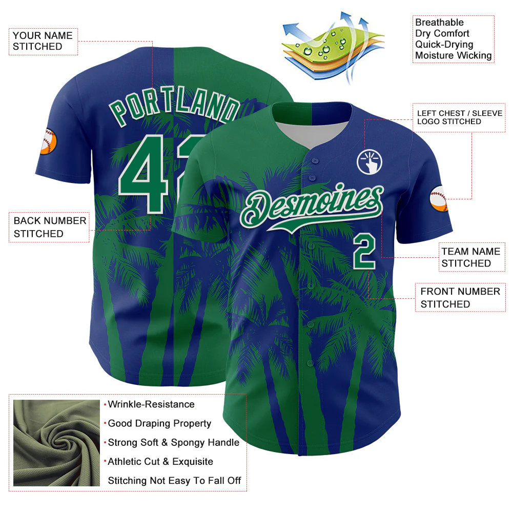 Custom Royal Kelly Green-White Hawaii Palm Trees Tropical Coconut Authentic Baseball Jersey - Image 3