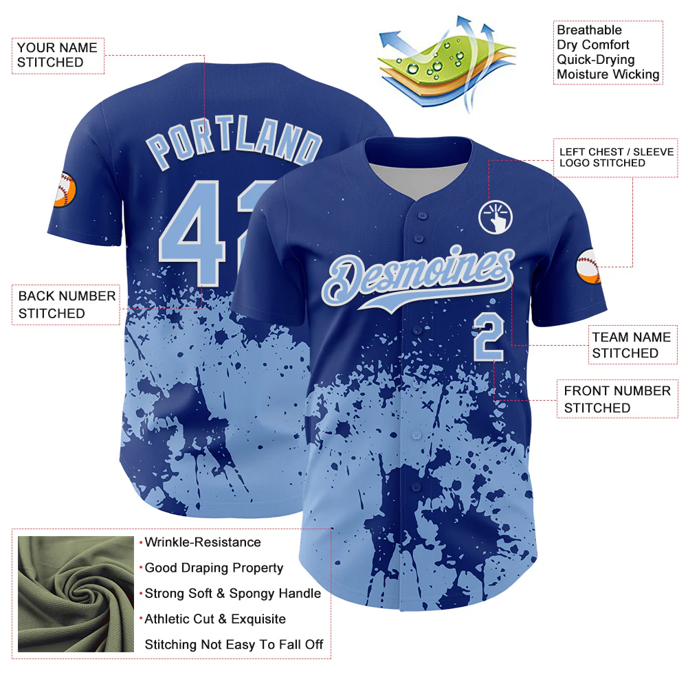Custom Royal Light Blue-White Abstract Splatter Grunge Authentic Baseball Jersey - Image 3