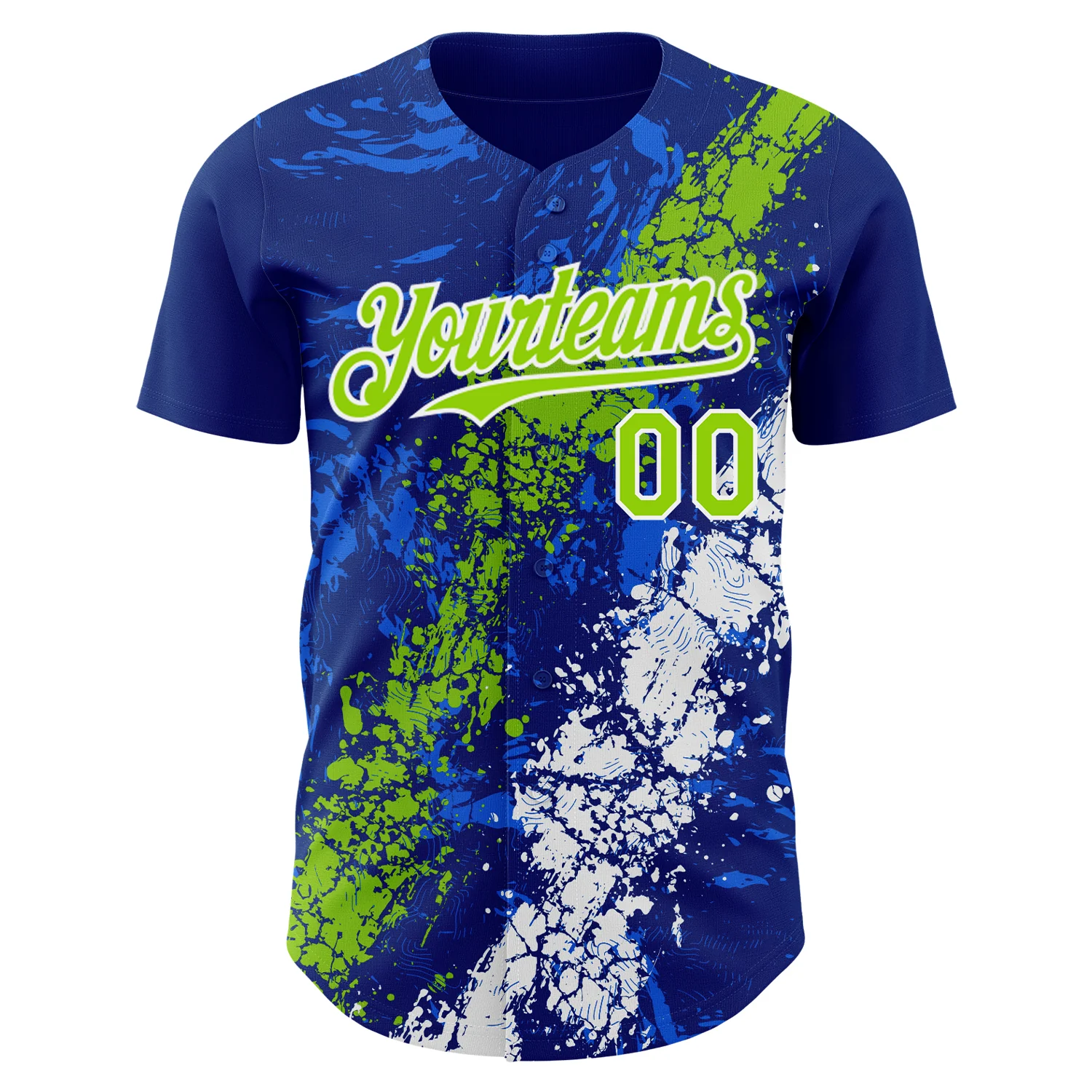 Custom Royal Neon Green-White Splash Authentic Baseball Jersey - Image 2