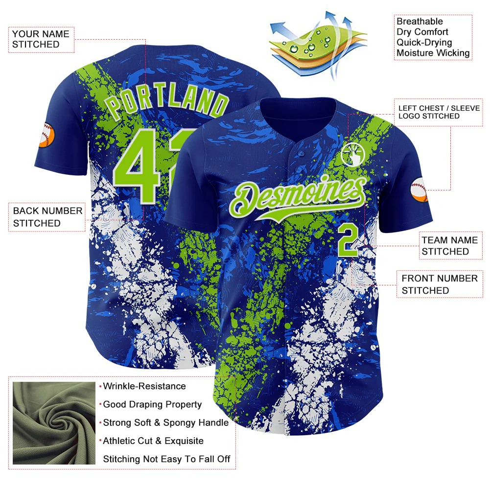 Custom Royal Neon Green-White Splash Authentic Baseball Jersey - Image 3